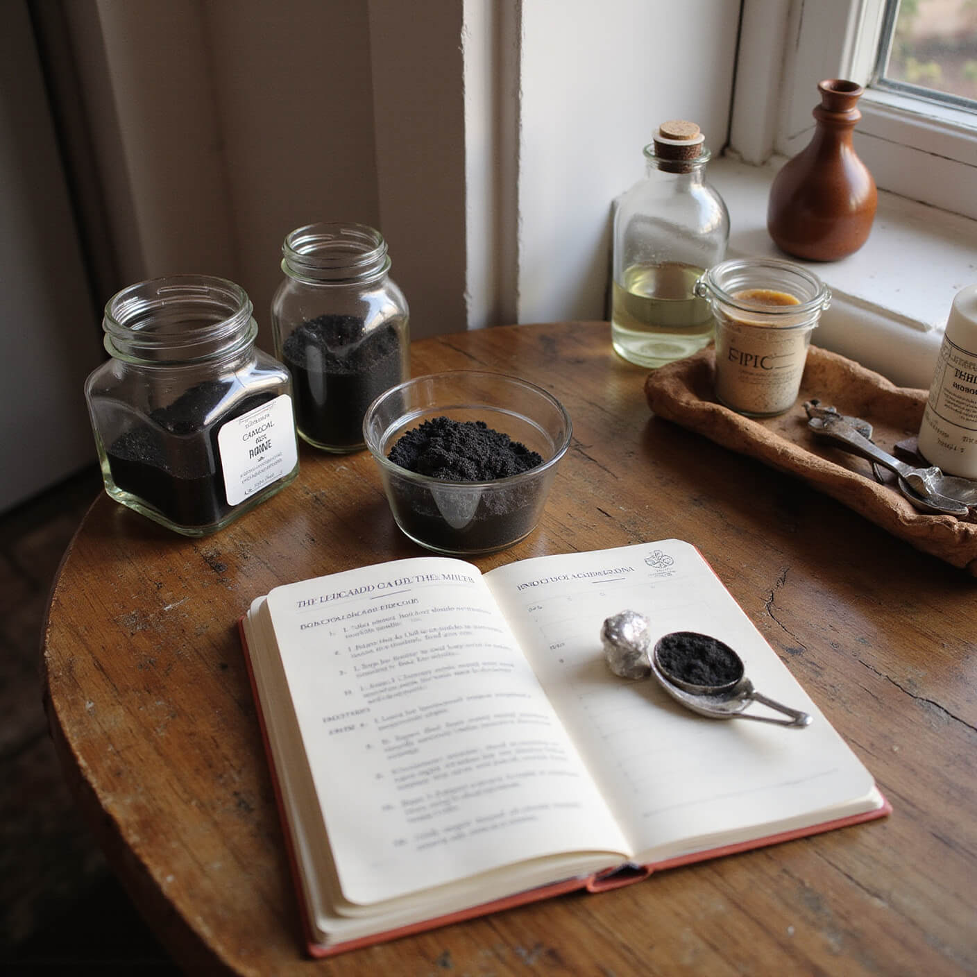 Cozy wellness corner with mason jars of charcoal powder, DIY beauty notebook, vintage apothecary bottles, and affordable tools on rustic wooden table in warm evening light.
