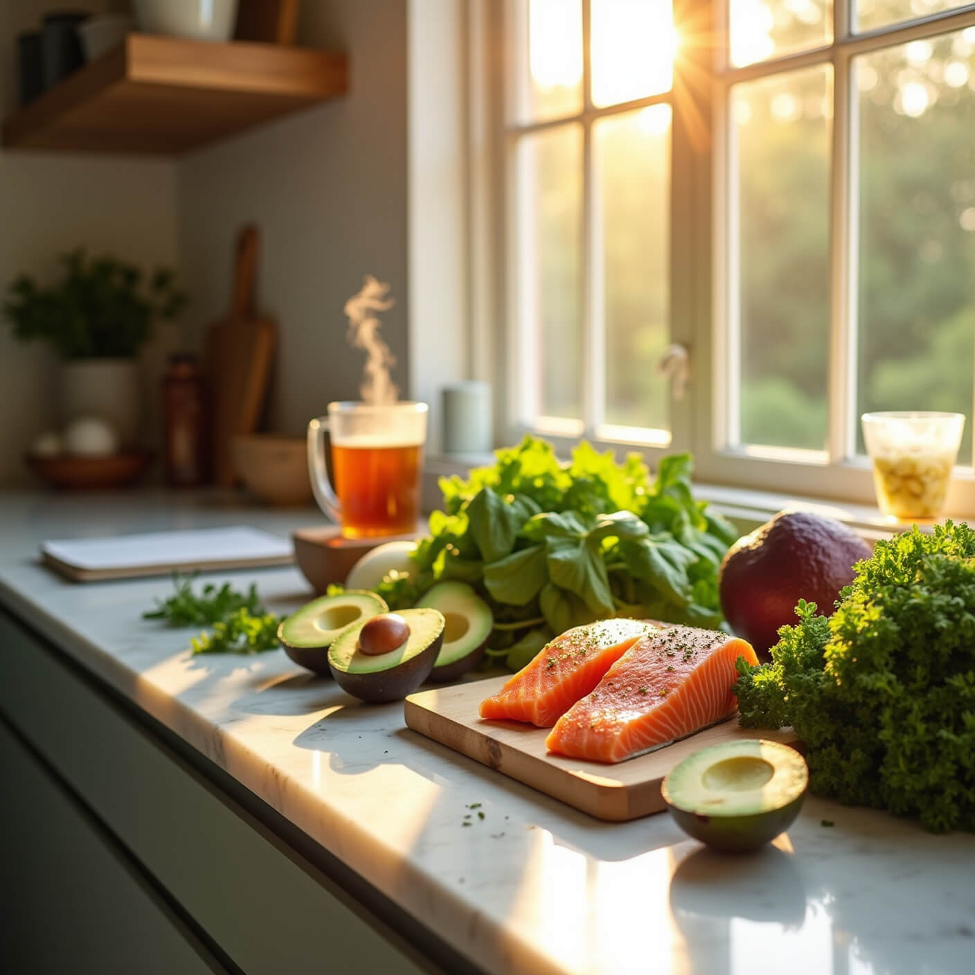 Sunlit modern kitchen with marble countertops displaying wild-caught salmon, leafy greens, avocados, cruciferous vegetables, and herbal tea; glass containers, a wooden cutting board, fresh herbs, and a handwritten meal plan journal highlighted in warm golden-hour light.