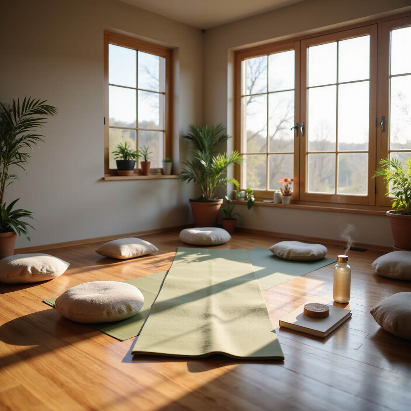 A peaceful home yoga space at dawn with bamboo floors, a natural rubber mat, linen cushions, potted herbs, an essential oil diffuser, large windows with morning light, and a wellness journal beside a crystal water bottle.