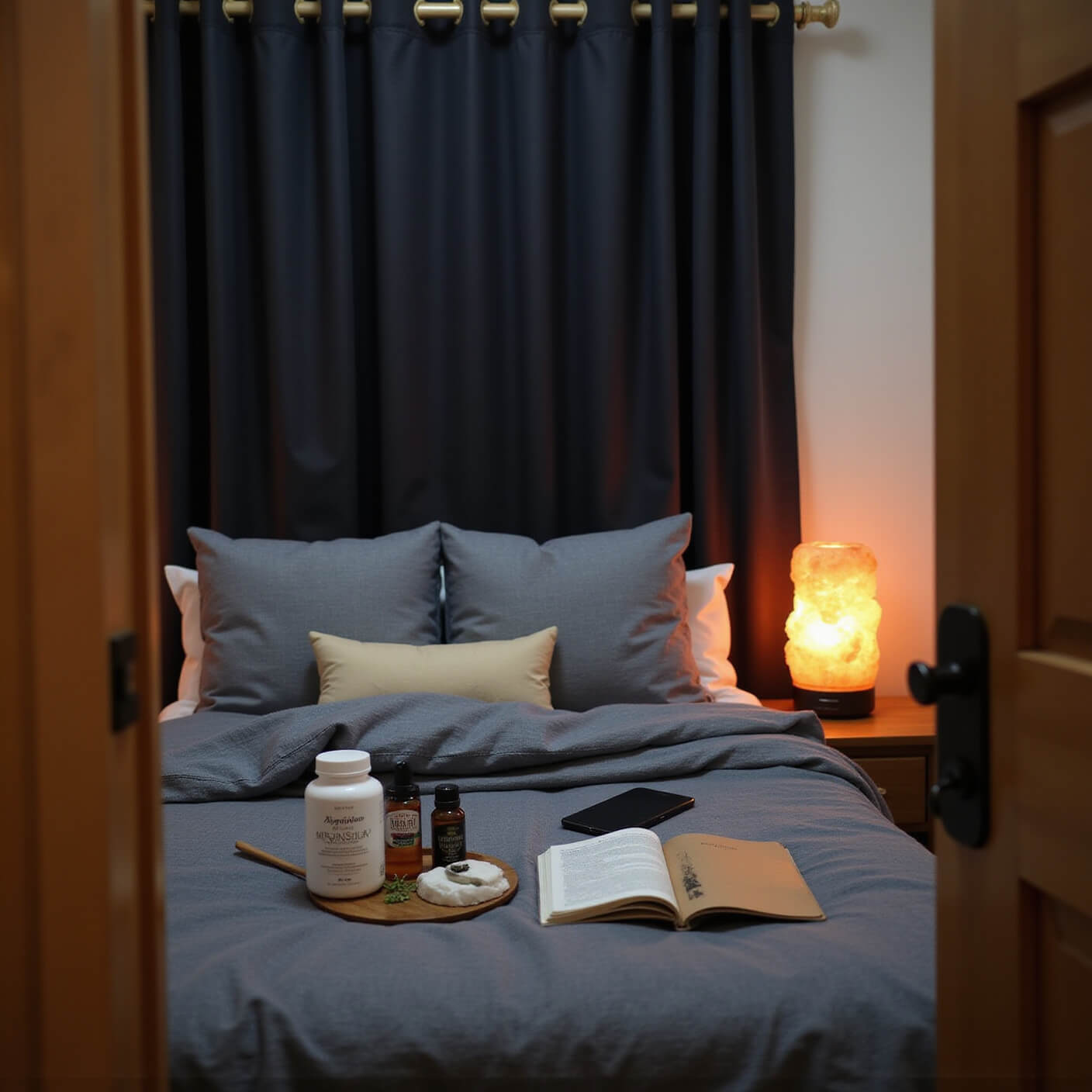 Cozy bedroom at dusk with blackout curtains, warm glow from salt lamps, organic blue-grey bedding, bedside table with sleep aids, essential oil diffuser, and sleep journal, viewed from doorway.