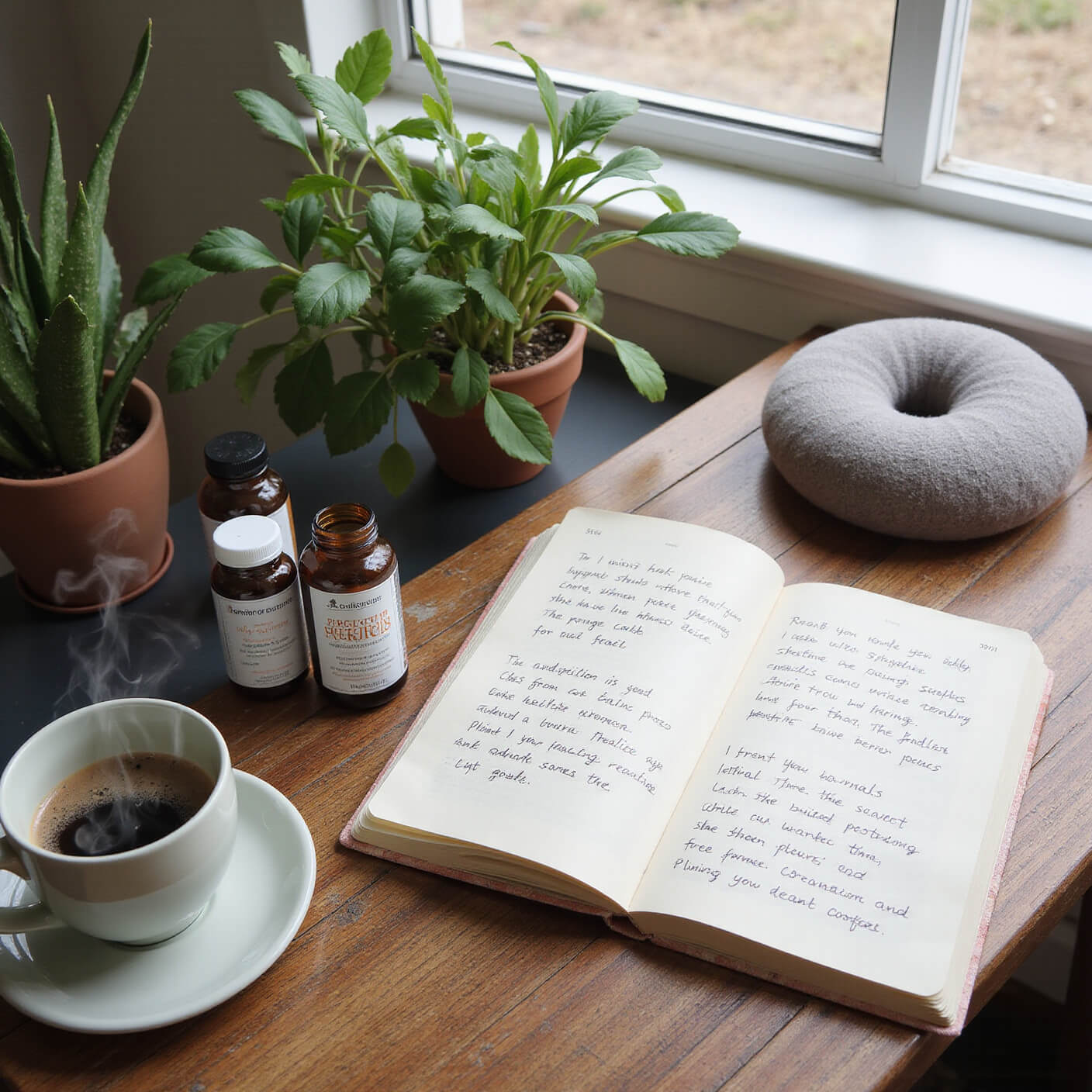 Mindful morning setup with vintage wooden desk by a sunlit window, open gratitude journal, supplements, steaming coffee alternative, potted plants, and nearby meditation cushion.