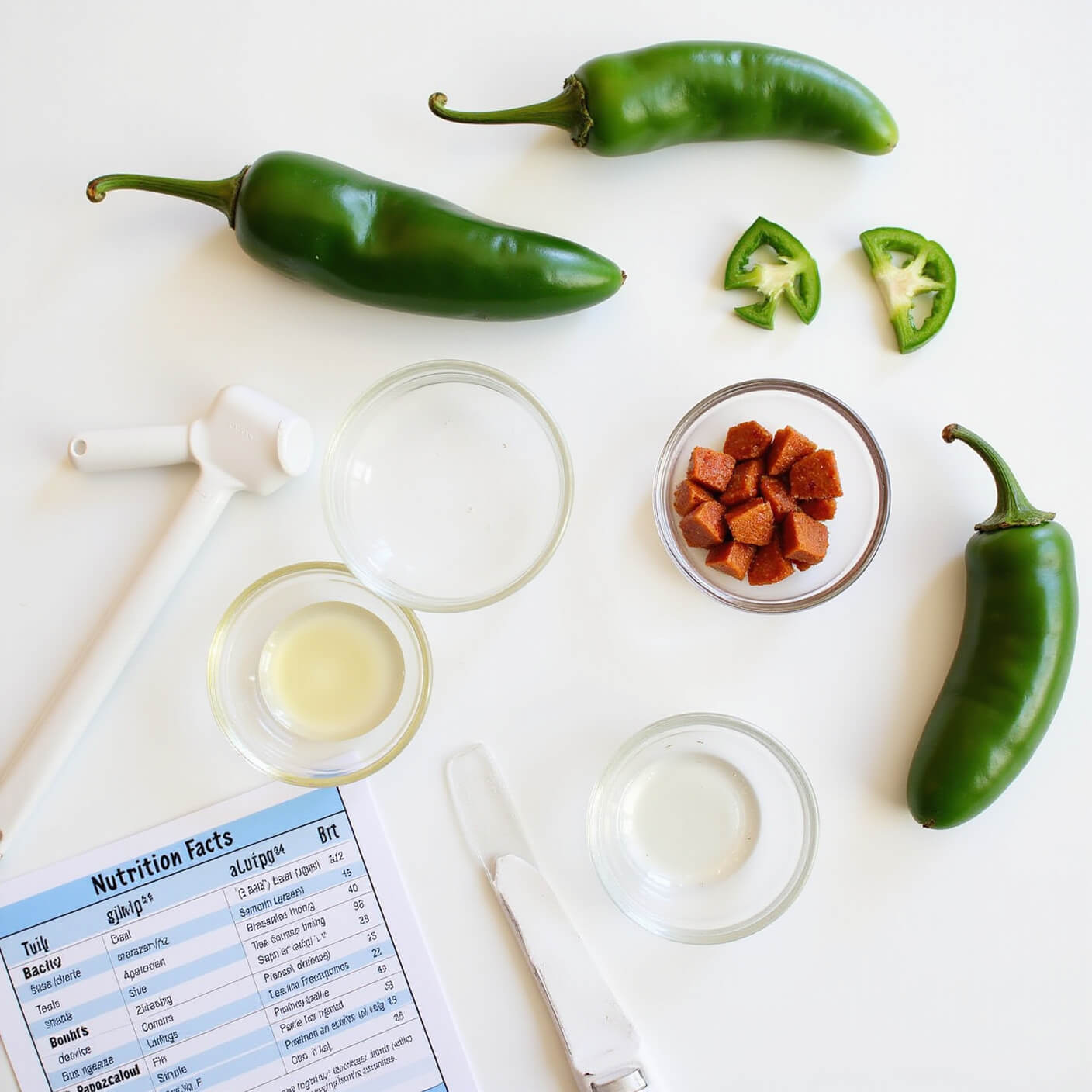 Clinically styled display of jalapeños on a white surface, featuring whole, sliced, and diced peppers, laboratory glass containers with capsaicin oil, scientific tools, and a nutrition facts card.