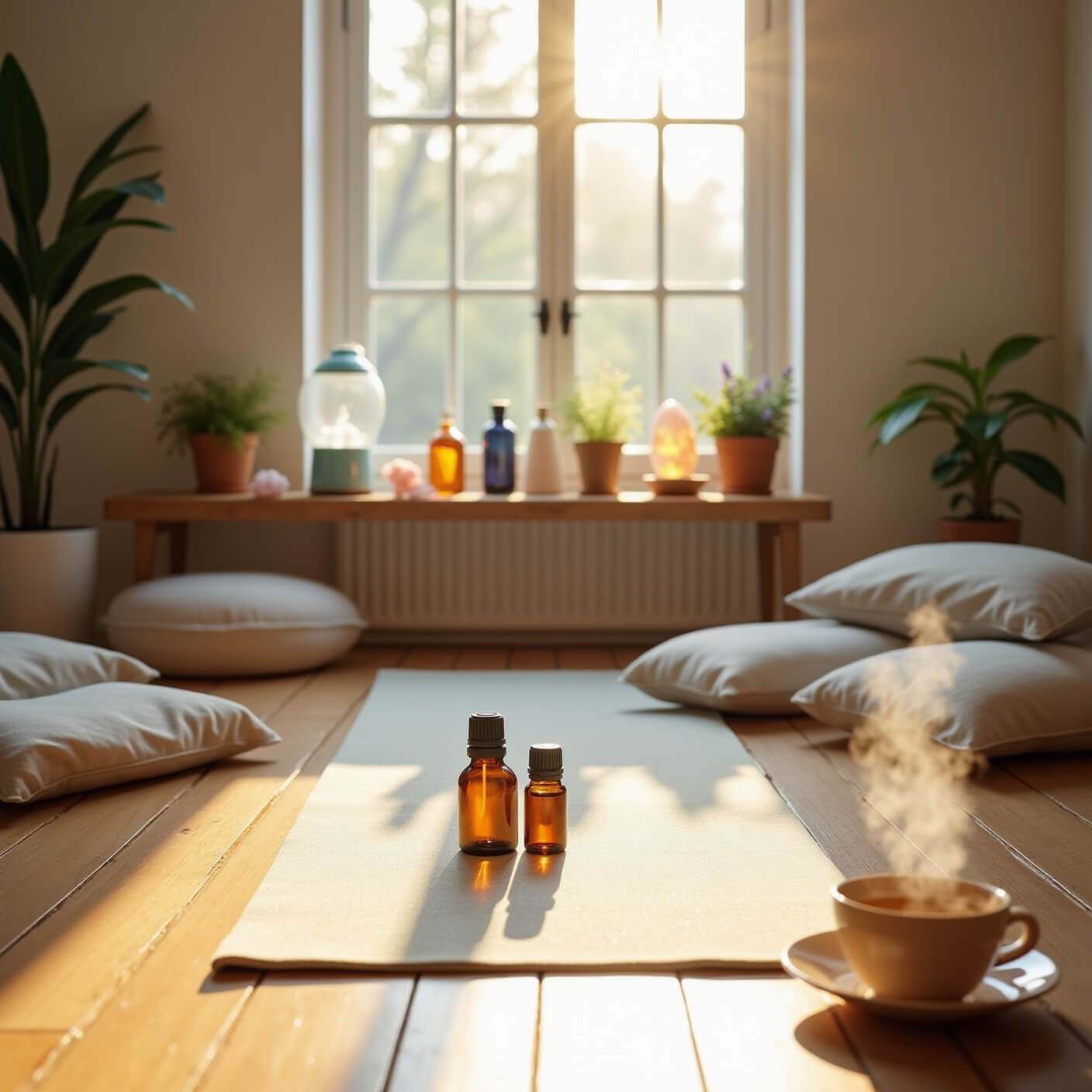 Bright home wellness studio with yoga mat, crystals, misting diffusers, essential oils, meditation cushions, lavender plants, and salt lamp in warm morning sunlight.