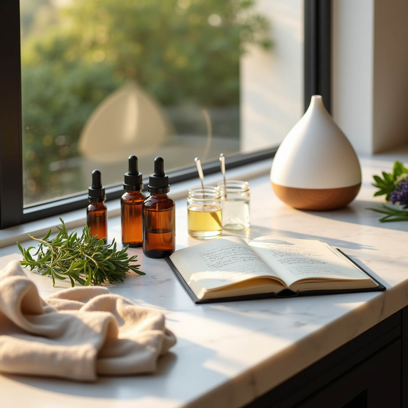 Modern kitchen countertop with marble surface, essential oil blending station, amber bottles, fresh herbs in linen wraps, diffuser mist, and open notebook in golden hour light.