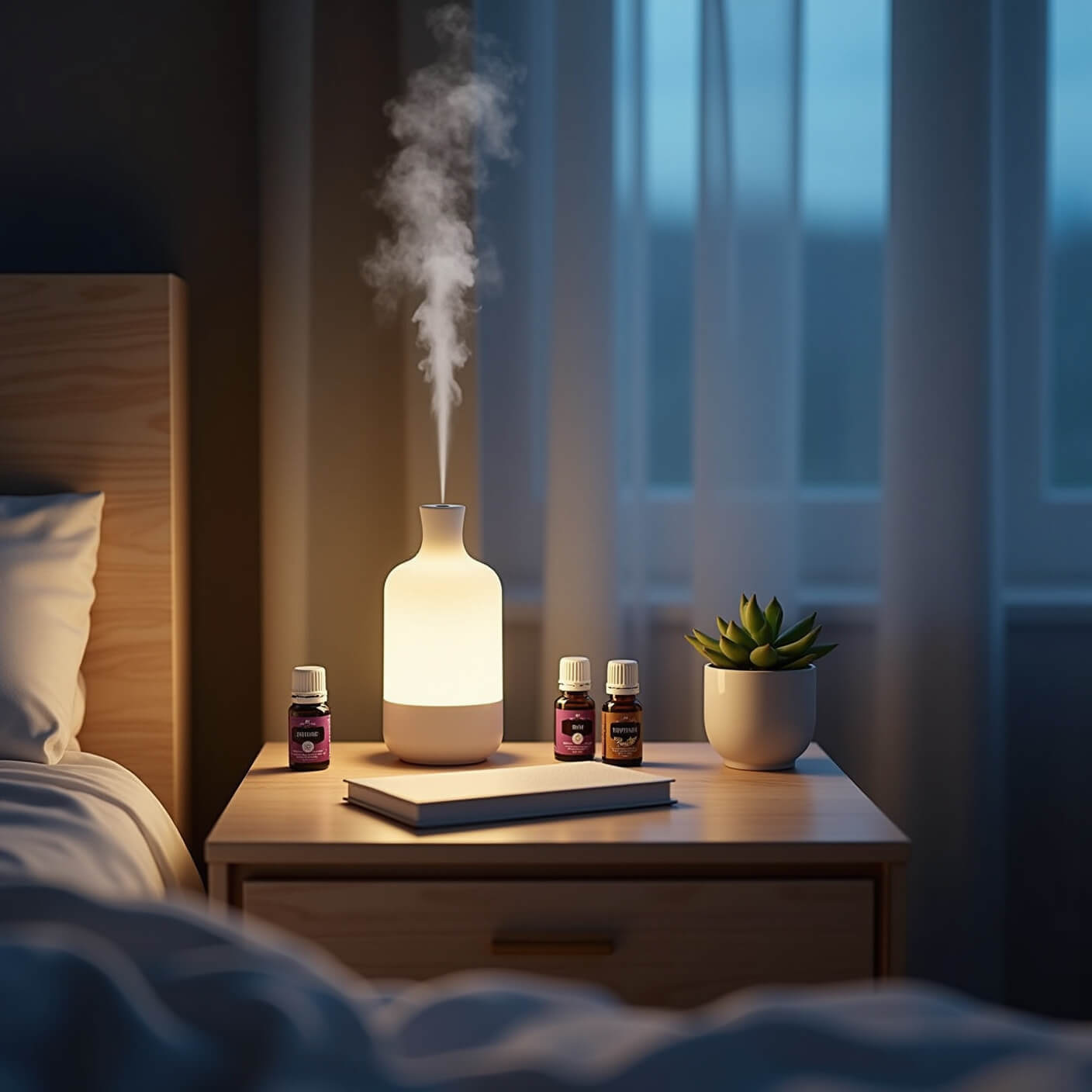 Modern ceramic diffuser releasing mist on light wood nightstand with lavender and chamomile oils, journal, sleep mask, succulent, and soft blue twilight through sheer curtains.