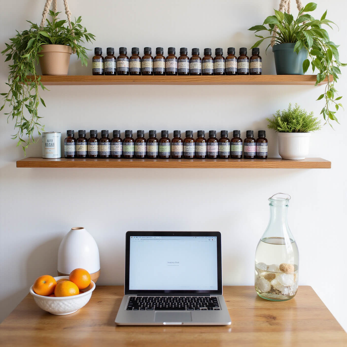 Bright home office wellness corner with wooden essential oil shelf, misting diffuser, citrus fruits, crystal water bottle, and hanging plants.