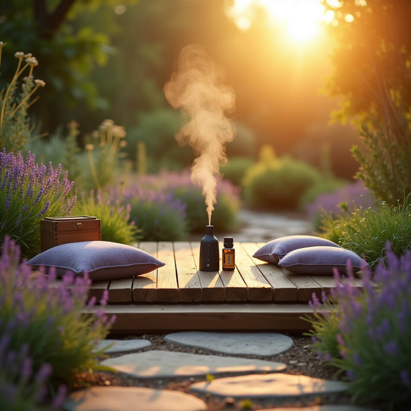 Wooden meditation platform surrounded by herbs and flowers at sunrise, with essential oil diffuser, cushions, and wooden oil box; morning dew and golden light with lens flare, stone path lined with lavender.