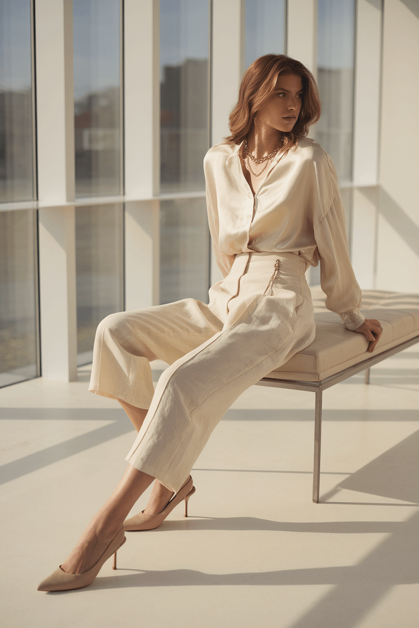 Model seated on white bench in bright studio, wearing cream linen Capri pants, champagne silk blouse, nude slingback heels, and gold necklace, with soft natural light and casual wavy hair.