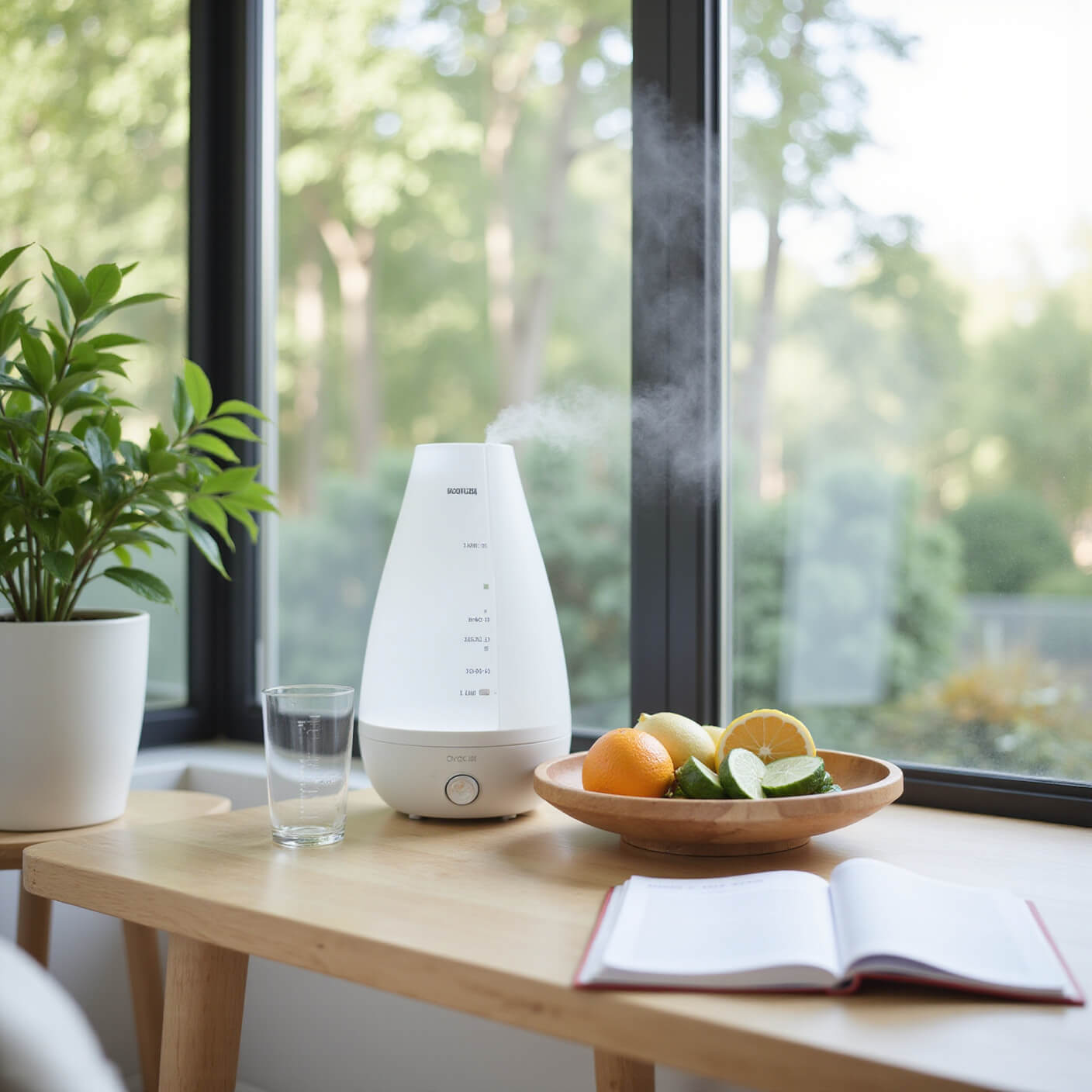Modern home office corner with hydration station, glass water bottle, misting humidifier, healthy snacks, and open skin moisture journal on oak desk, sunlit by large windows.