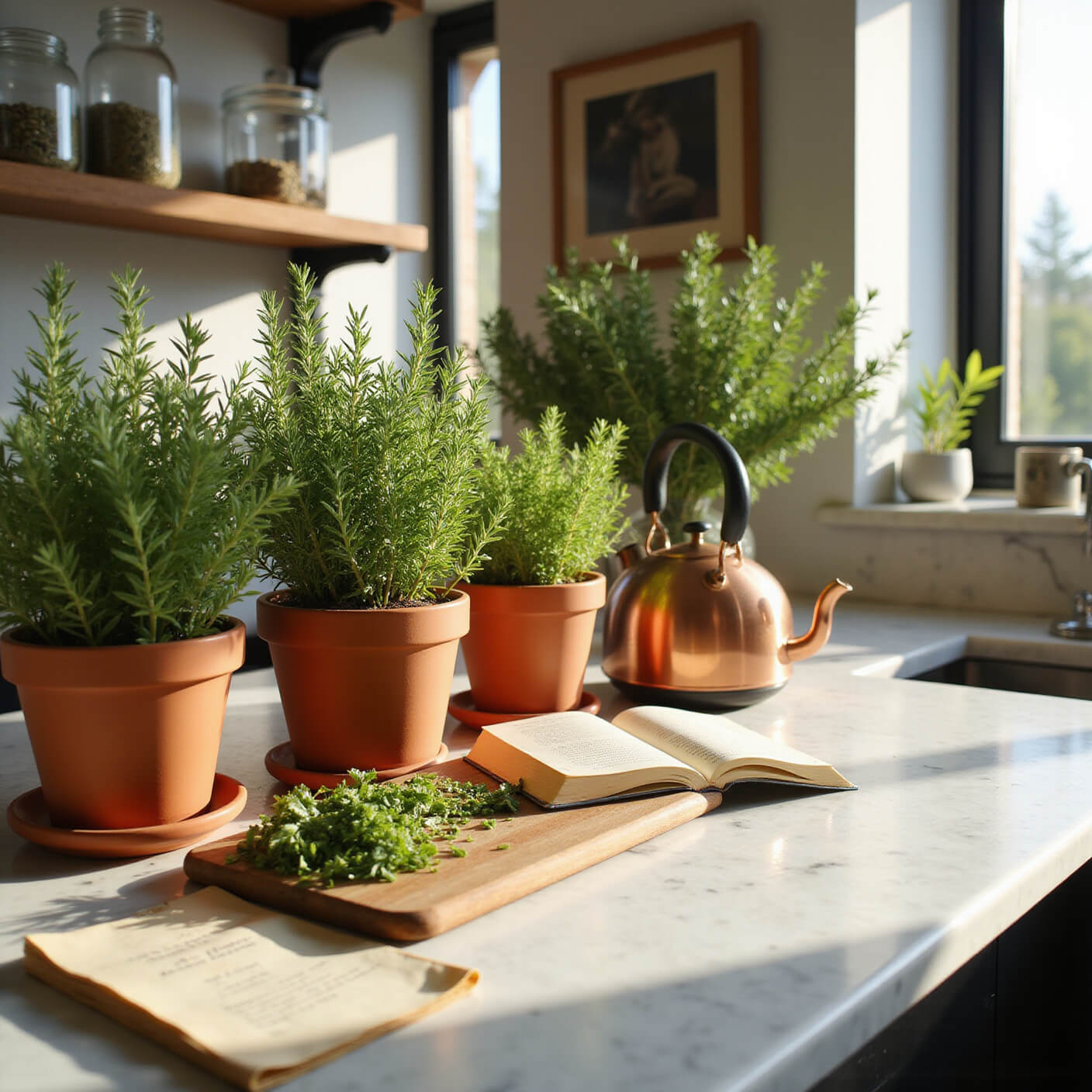 Sunlit modern kitchen counter with terracotta pots of ginkgo biloba and rosemary, steaming copper kettle, chopped herbs on wooden board, glass jars on marble shelves, and open handwritten recipe book.