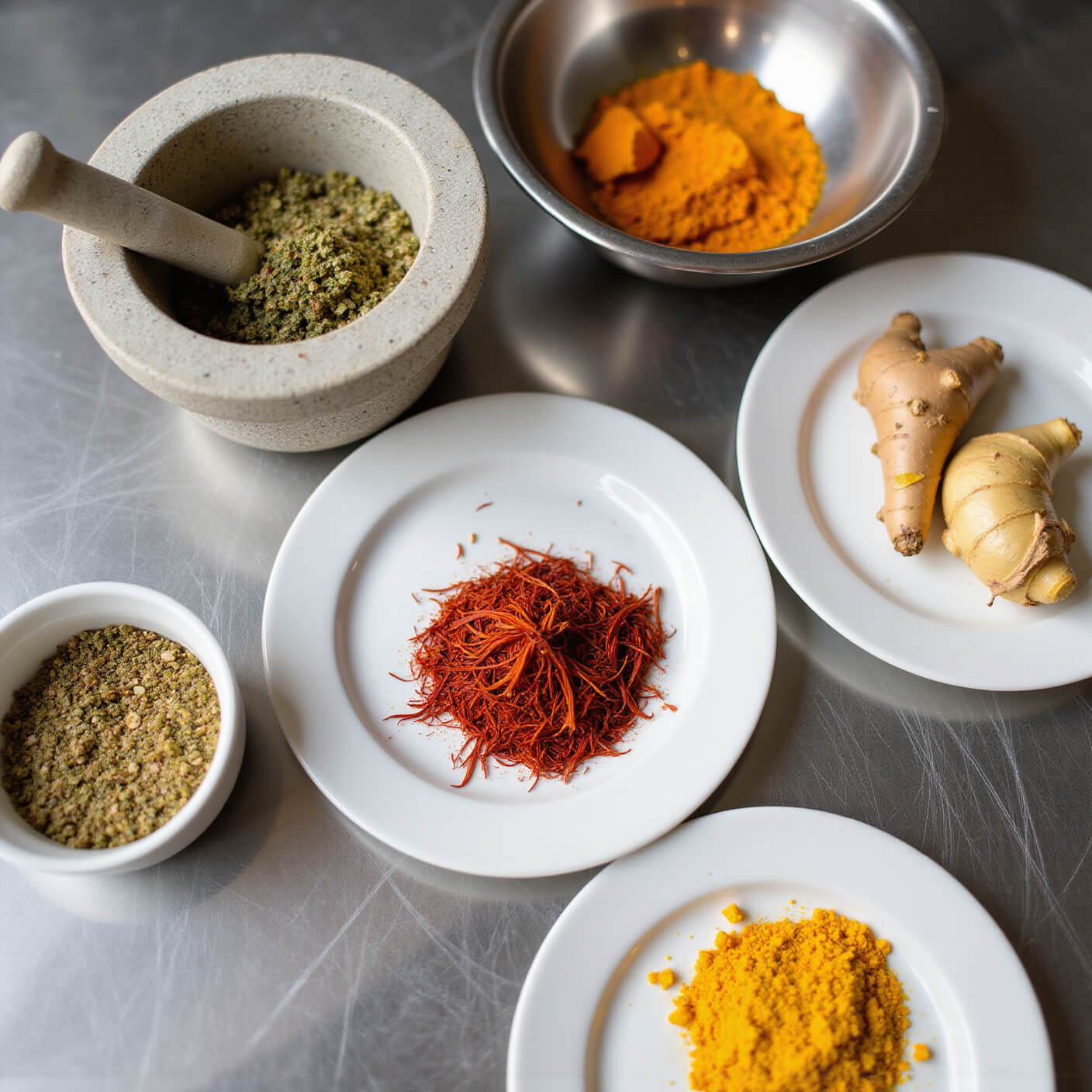 Overhead view of a professional kitchen workspace with saffron threads, turmeric, ginger, spice bowls, and a mortar and pestle, all bathed in natural light with vibrant yellow, orange, and white tones.