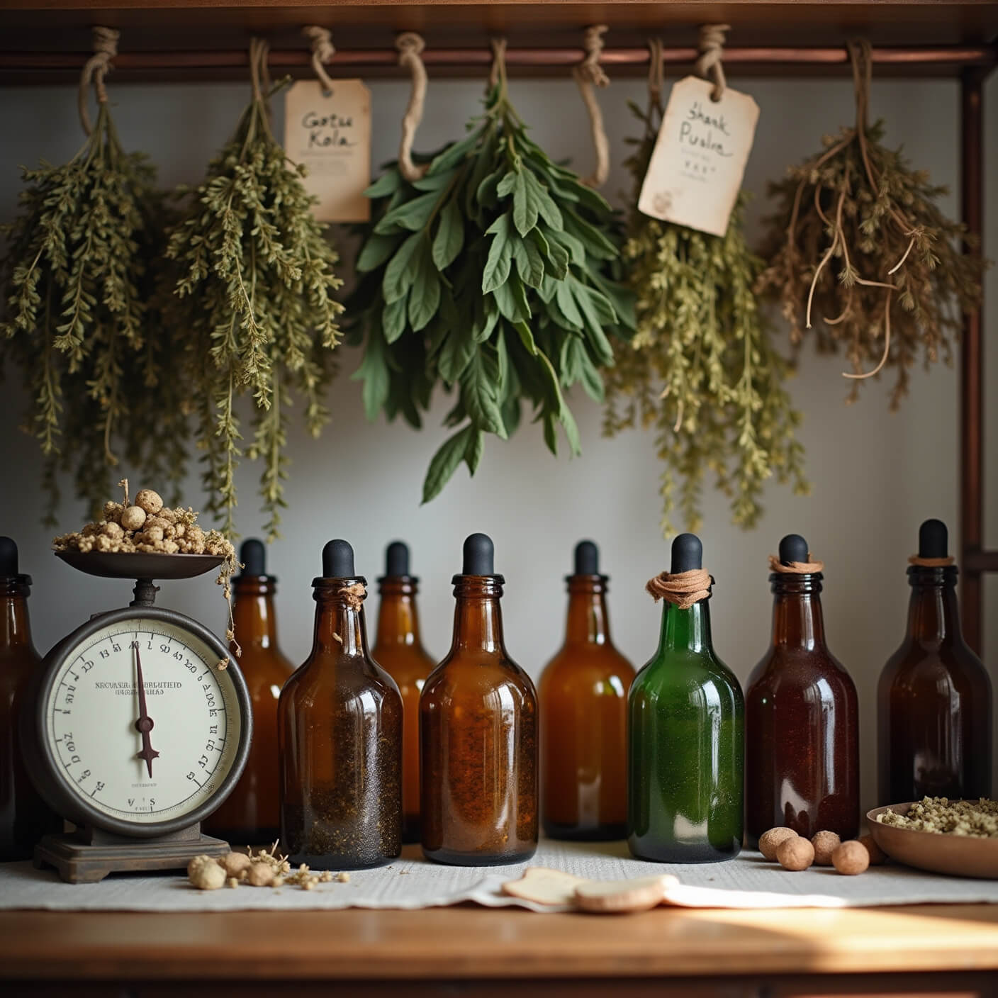 Cozy home apothecary shelf with glass tincture bottles in afternoon light, dried herbs on copper racks, vintage scales with fresh herbs, and handwritten labels, featuring tones of amber, deep green, copper, and aged paper.