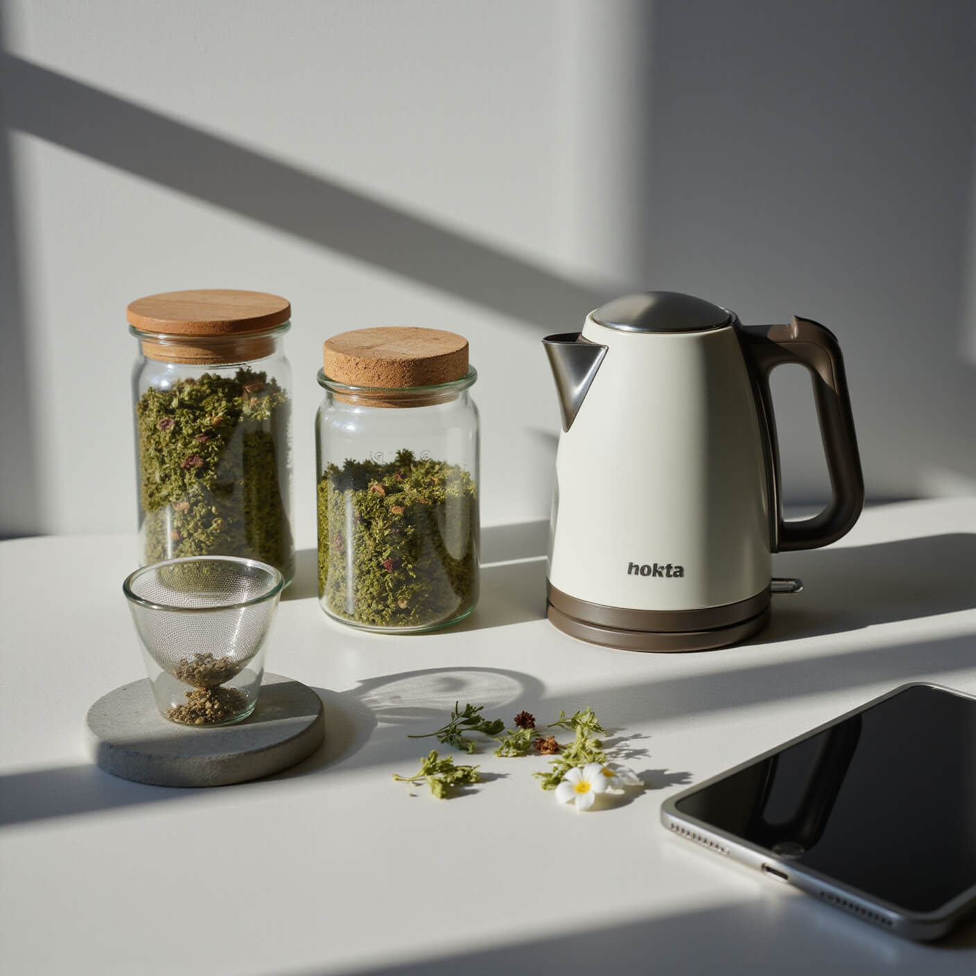 Minimalist wellness station at dawn with electric kettle, glass canisters of dried herbs, a tea infuser on a concrete coaster, and a tablet displaying herb research, in cool grays, whites, and herbal greens.
