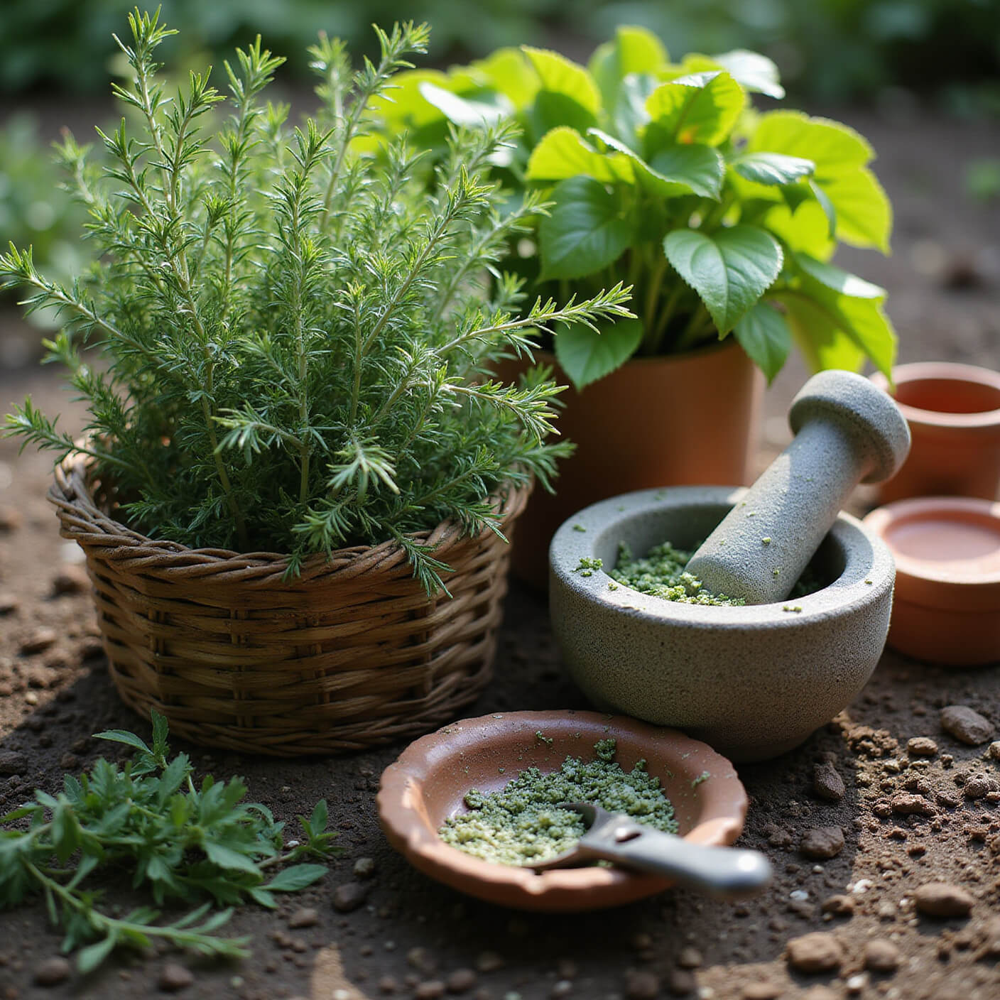 Ground-level view of a garden scene with fresh-picked rosemary, thyme, and sage in a harvest basket, garden tools nearby, and sunlight filtering through lush herbs.