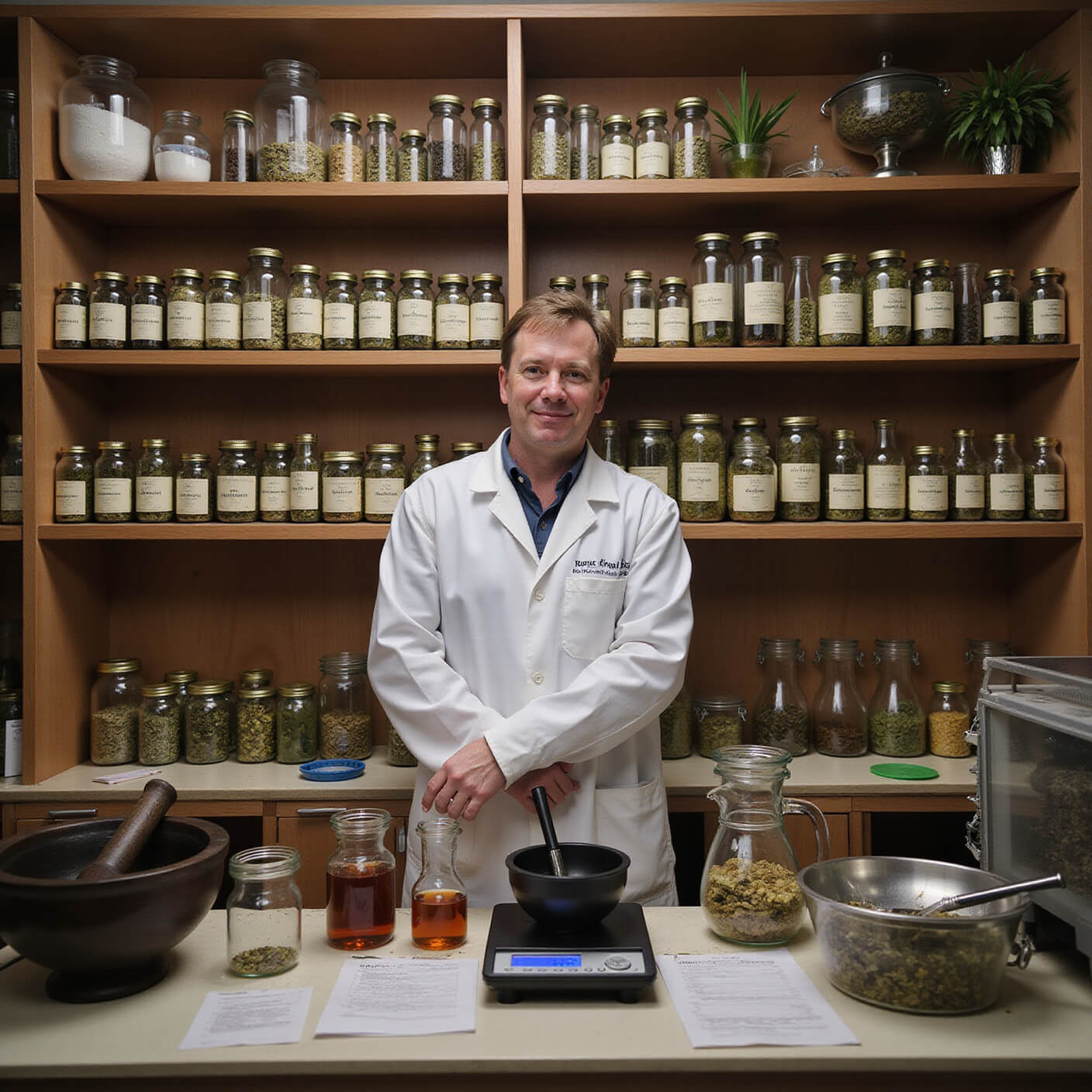 An expert's herbal preparation station at dusk, featuring lab equipment, mortar and pestles, labeled herb jars, notes, a precision scale, and steeping infusions under warm lighting.