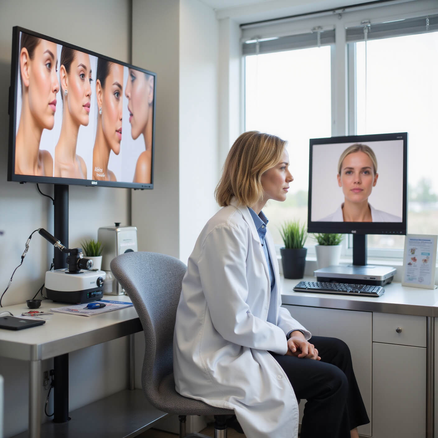 Dermatology consultation room with morning light, showing before-and-after skin photos on screen, lab coat on chair, skin analysis tools on trolley, and vaping skin health brochures on desk.