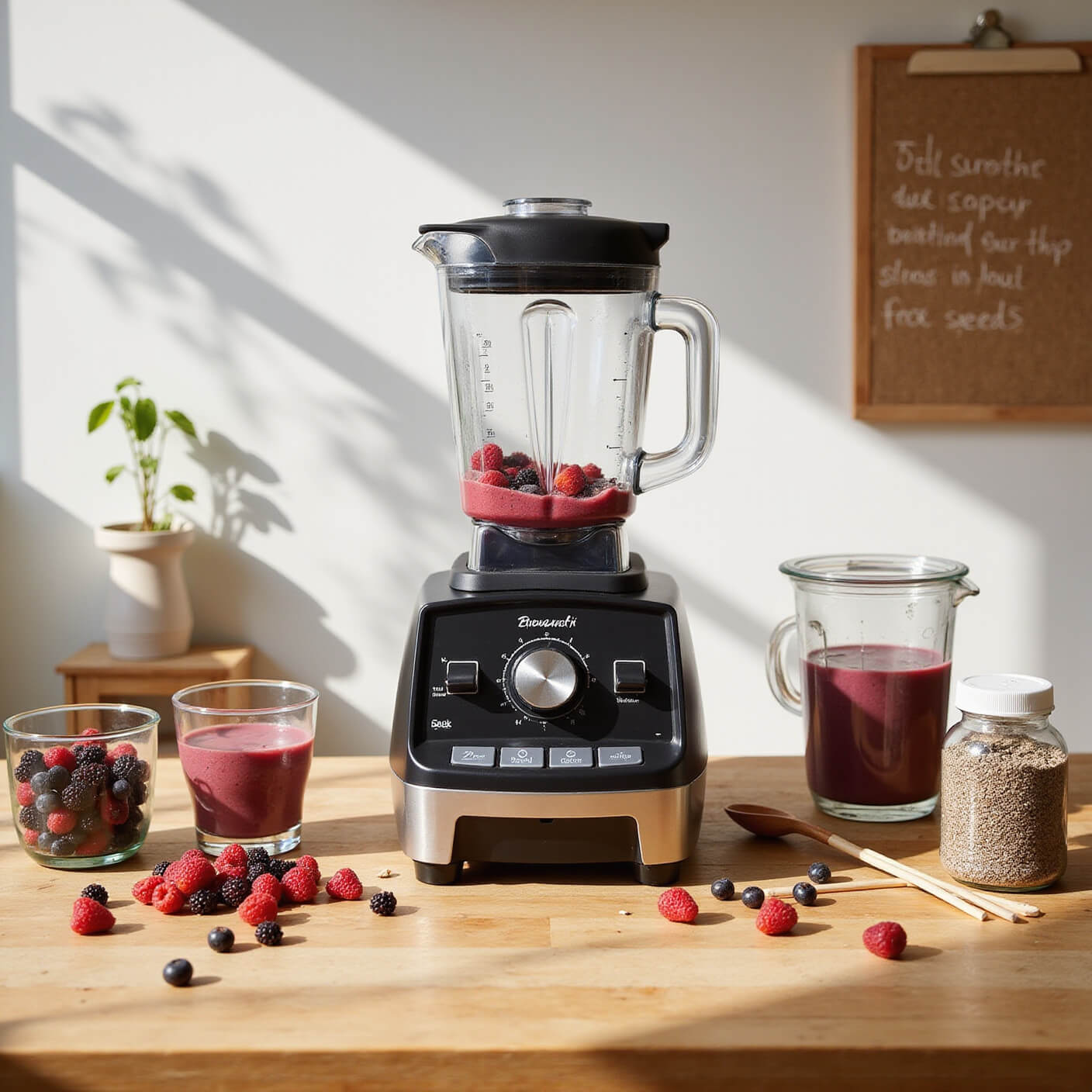 Home smoothie station with blender, berries, handwritten recipe board, and eco-friendly containers on a bamboo countertop in morning light.