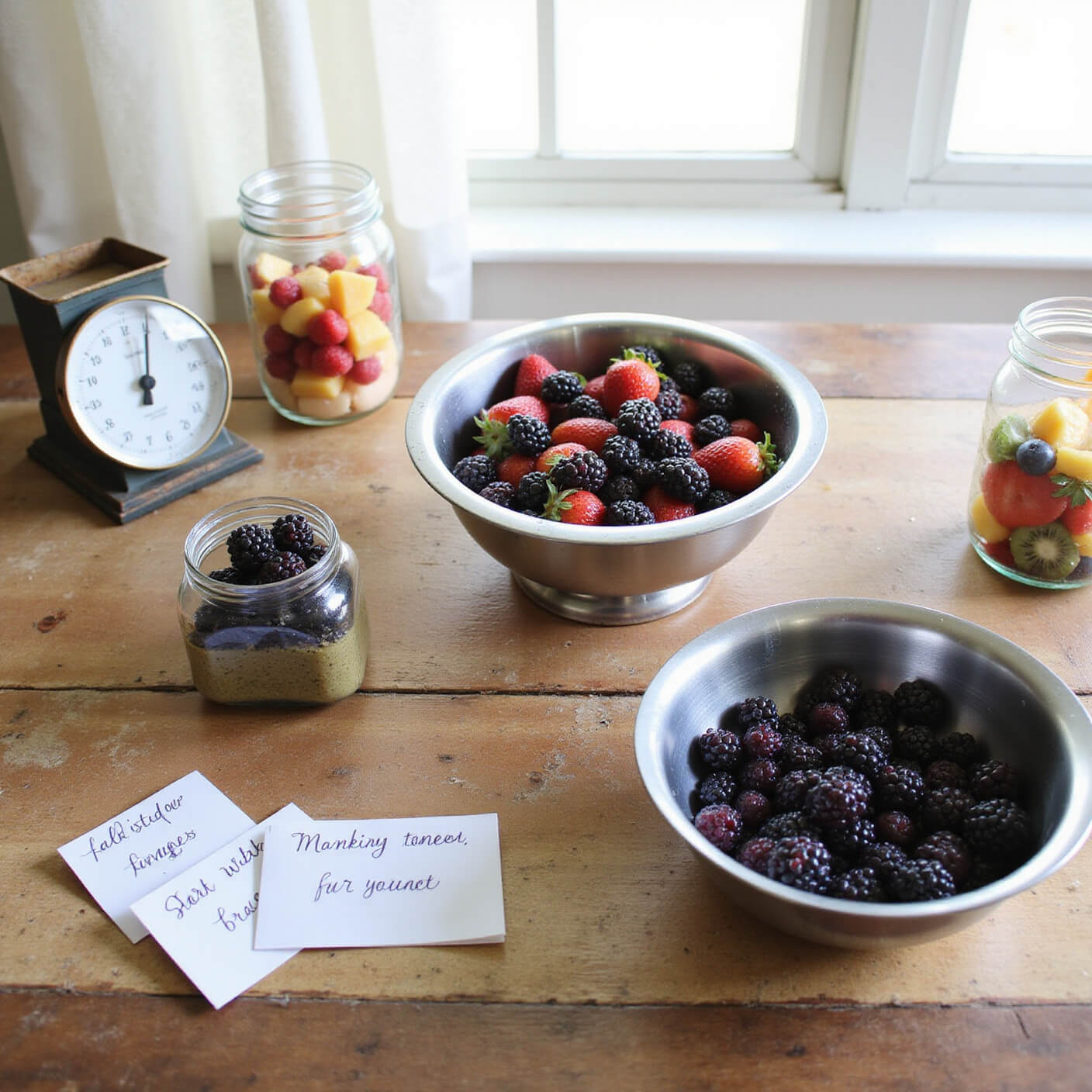 Overhead view of a rustic farmhouse kitchen table with colanders of fresh berries, mason jars of fruit, a vintage scale weighing blackberries, and handwritten nutrition cards in soft natural light.