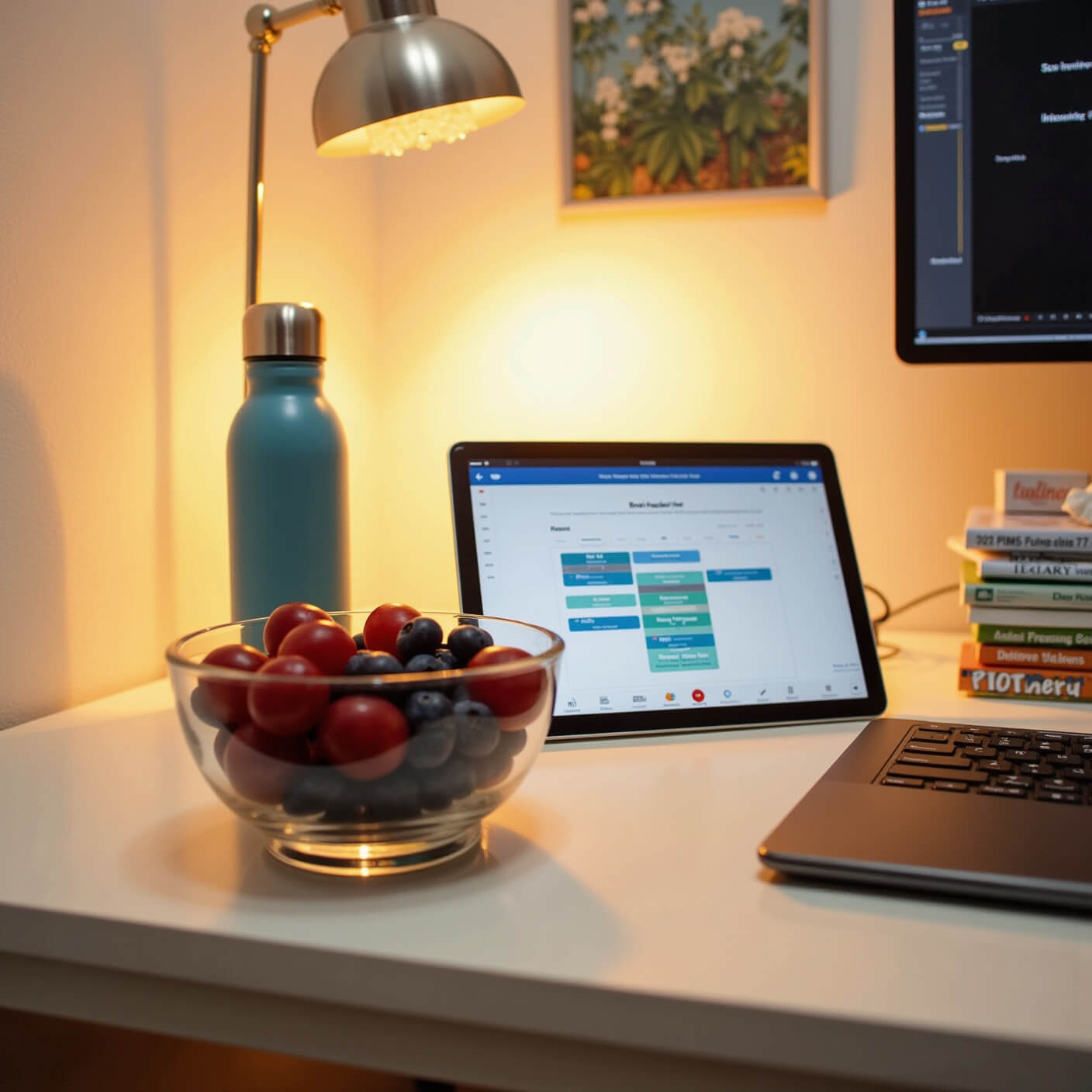 Contemporary home office wellness corner at dusk with a desk featuring a fruit bowl of grapes and blueberries, a hydration tracking bottle, a tablet with brain-training apps, and a color-coded meal planning calendar under warm LED lighting.