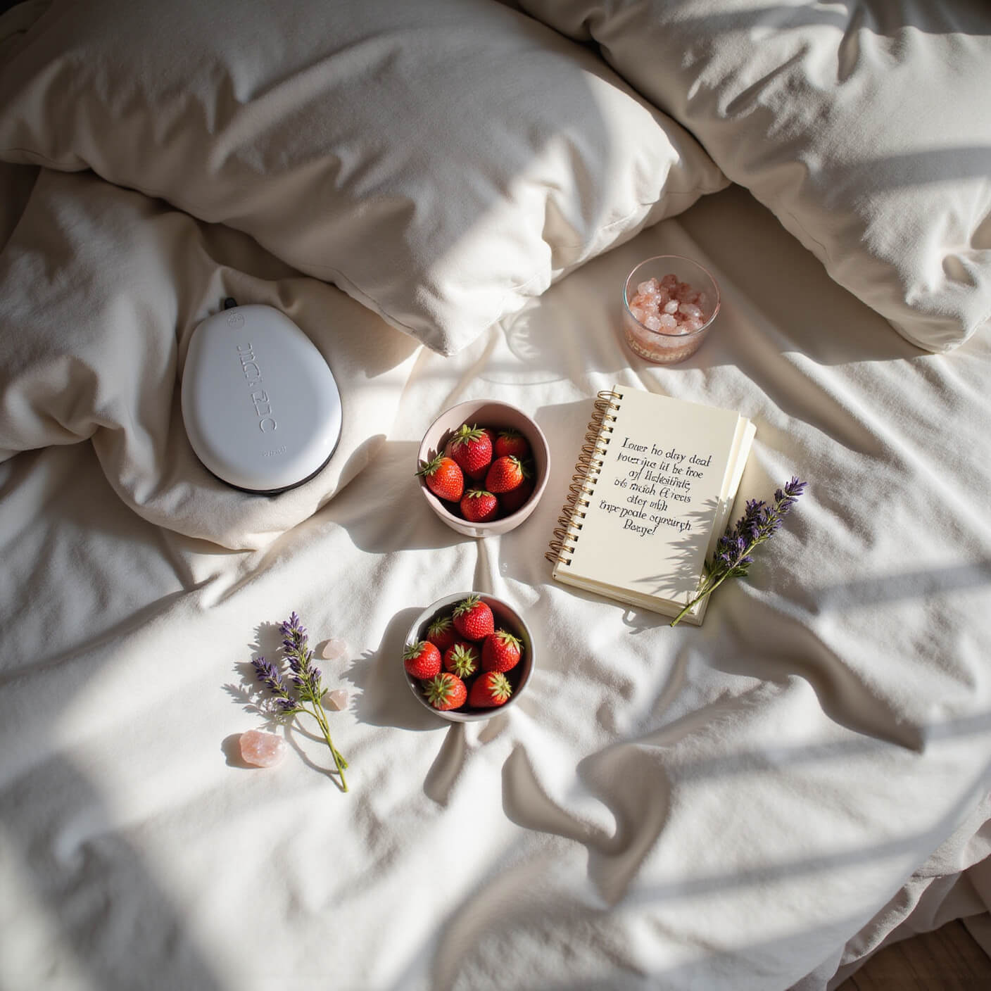 Minimalist bedside scene at dawn with a bowl of strawberries, gratitude journal, herbal tea, rose quartz crystals, lavender sprigs, white noise machine, and soft morning light on linen bedding.