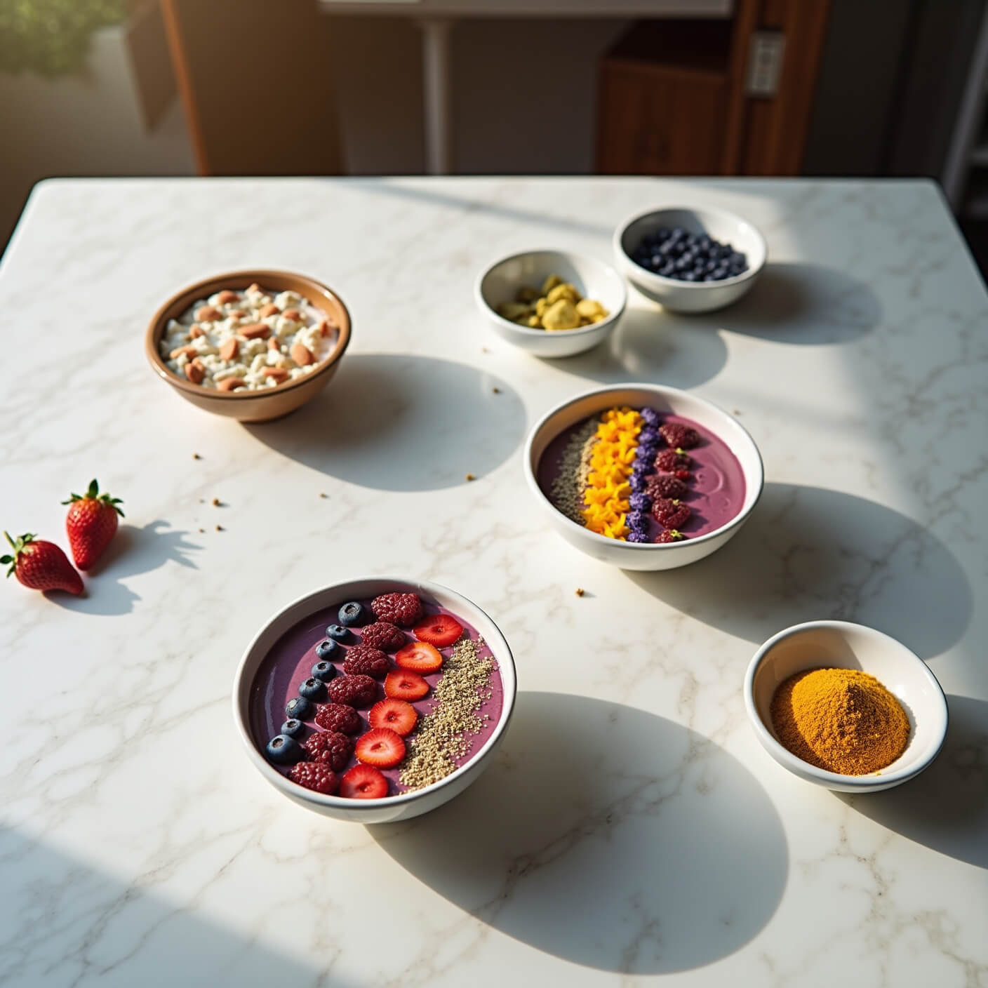 Overhead view of a marble counter with colorful smoothie bowls, chia puddings, edible flowers, berries, and recipe notes, with reflections of food photography equipment.