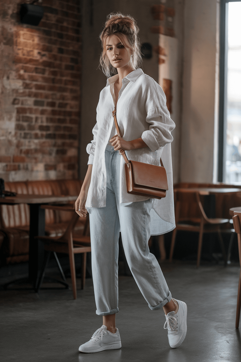 Model standing in industrial-chic coffee shop corner with exposed brick walls, wearing light-wash high-waisted jorts, oversized white linen shirt, brown leather crossbody bag, white sneakers, and gold geometric earrings; hair in messy bun, mid-morning light, editorial style.
