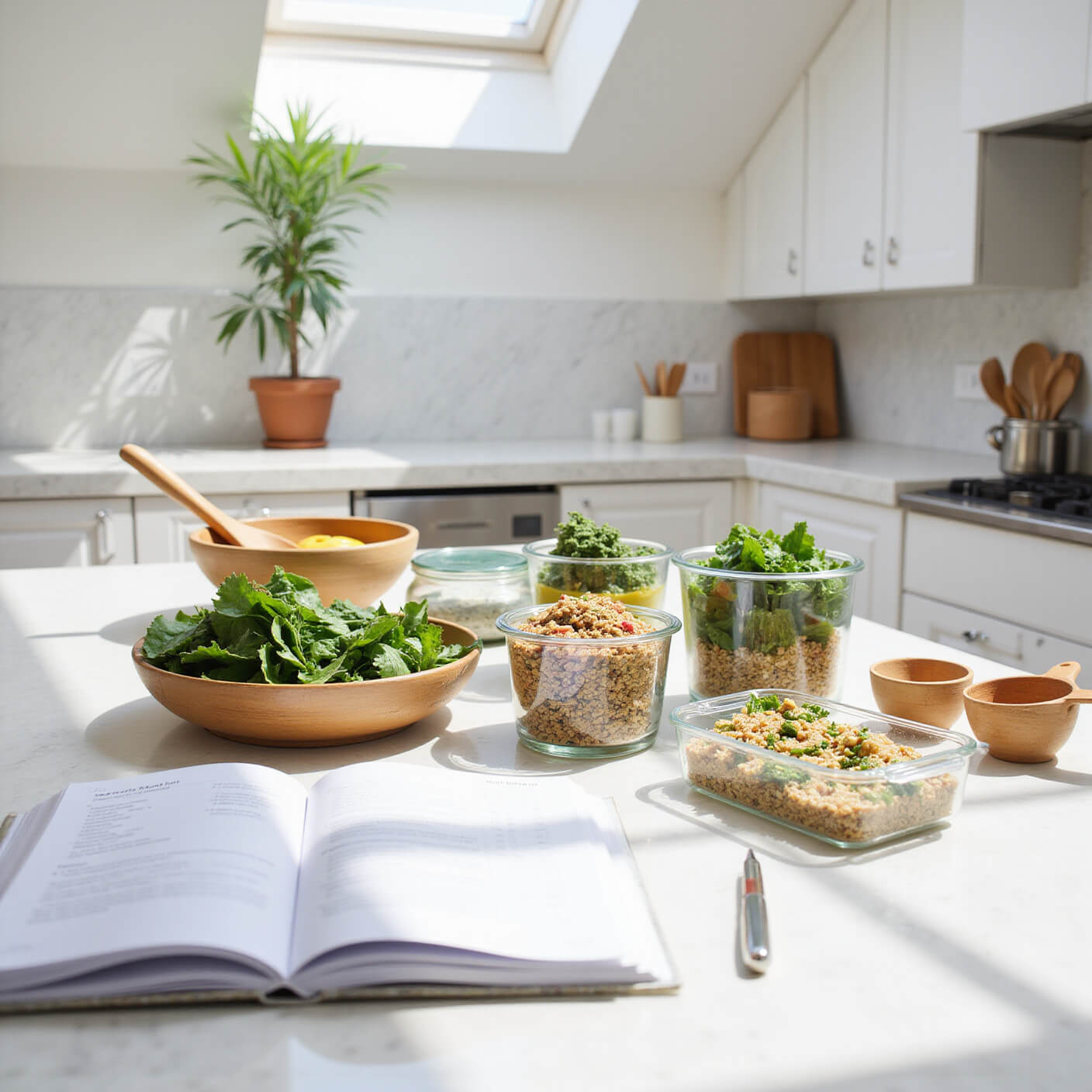 Bright, sunlit kitchen with open recipe book, glass containers of healthy foods, food journal, bamboo bowls of fresh produce, measuring cups, and eco-friendly storage on a marble island.