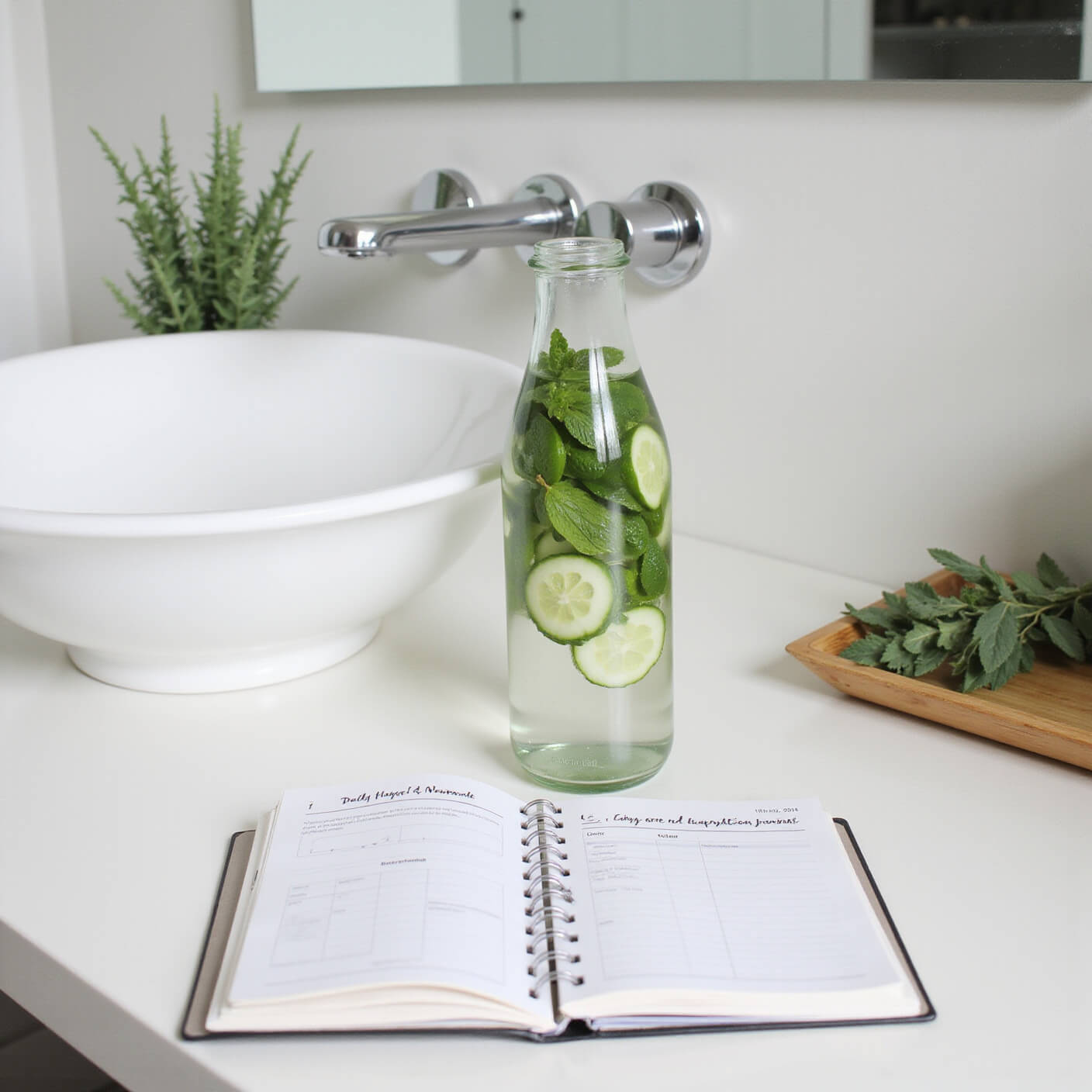 Modern bathroom wellness setup with glass water bottle, cucumber and mint, hydration journal, eucalyptus, bamboo tray, and soft natural light.