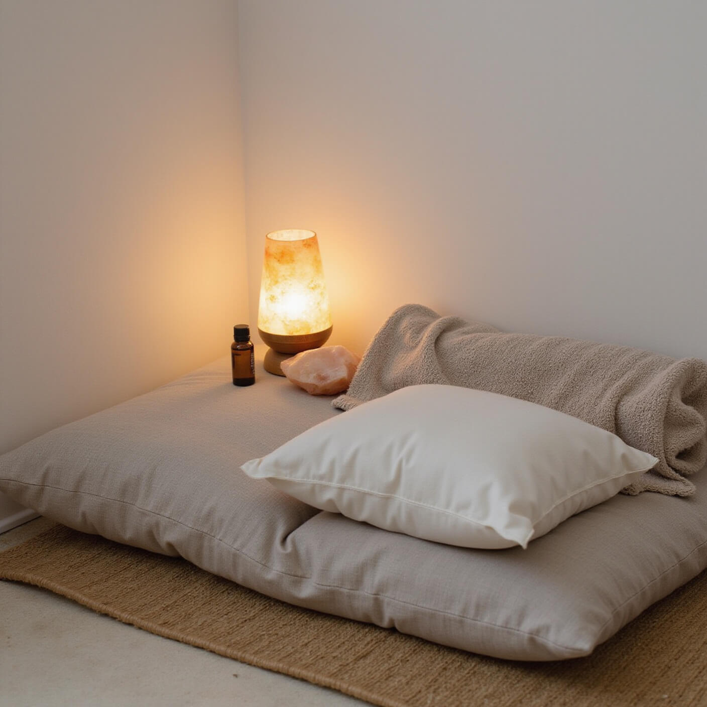 Cozy home meditation corner with linen floor cushion, meditation pillow, throw blanket on jute rug, lit Himalayan salt lamp, and essential oil diffuser misting in warm, low light.