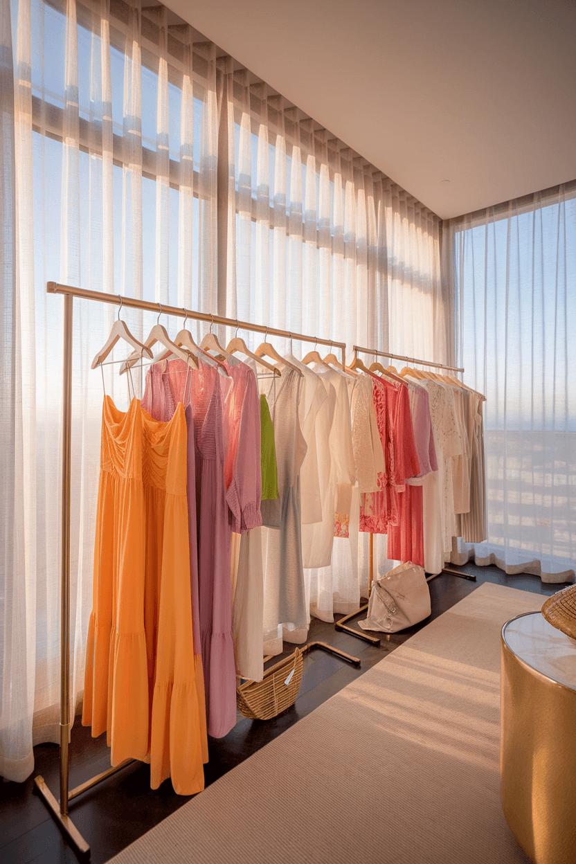 Modern penthouse dressing room bathed in late morning sunlight, featuring color-coordinated summer wardrobe in citrus tones with silk, cotton, and linen textures on hanging racks, styled with designer accessories, captured with a wide-angle lens.
