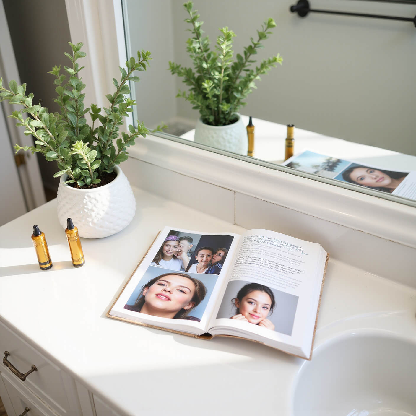 Sunlit spa-like bathroom with dusty empty vape cartridges on a white vanity, fresh eucalyptus in a vase, skincare progress photos and quotes on a backlit mirror, and an open journal showing before-and-after skin transformation.
