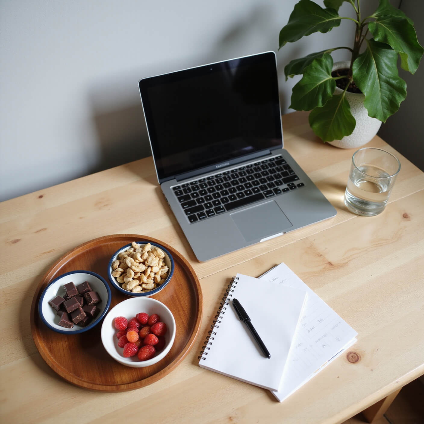 Overhead view of a minimalist home office with a wooden desk featuring a snack board of nuts, dark chocolate, and berries, a laptop, notebook, infused water, and a fiddle leaf fig against light gray walls.