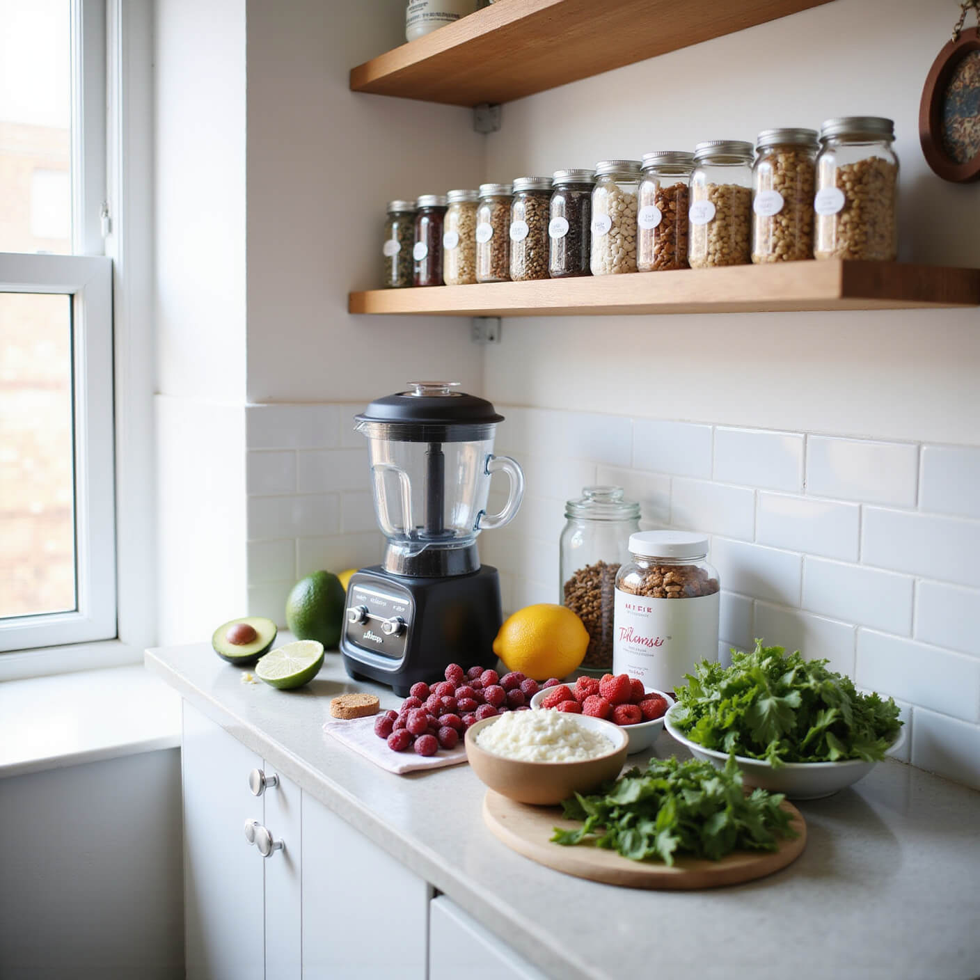 Bright modern apartment smoothie station with blender, fresh berries, greens, avocados, supplements, and organized mason jars on wooden shelves against white tile backsplash.