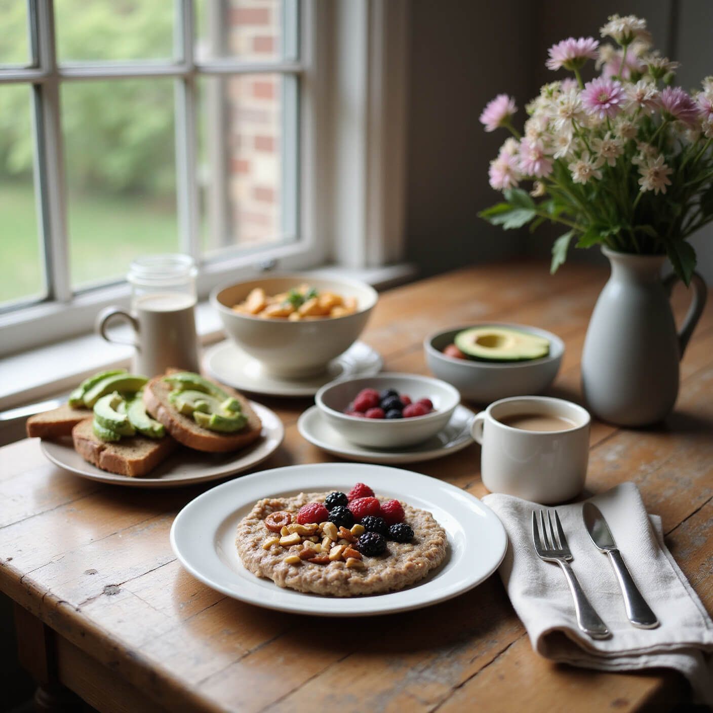 Cozy breakfast nook with rustic wooden table set with overnight oats, avocado toast, coffee, linen napkins, ceramic dishes, and a vase of fresh flowers in soft morning light.