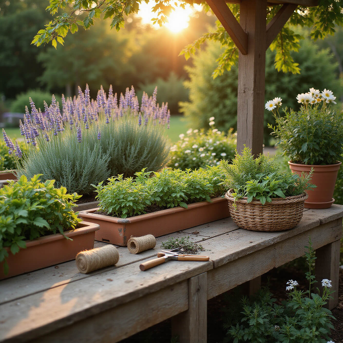 Golden hour sunlight illuminates a lush home garden with raised cedar beds full of lavender, peppermint, and chamomile, a weathered workbench with gardening tools, terra cotta pots of seedlings, a basket of lemon balm and thyme, and dappled light under a rose-covered pergola.