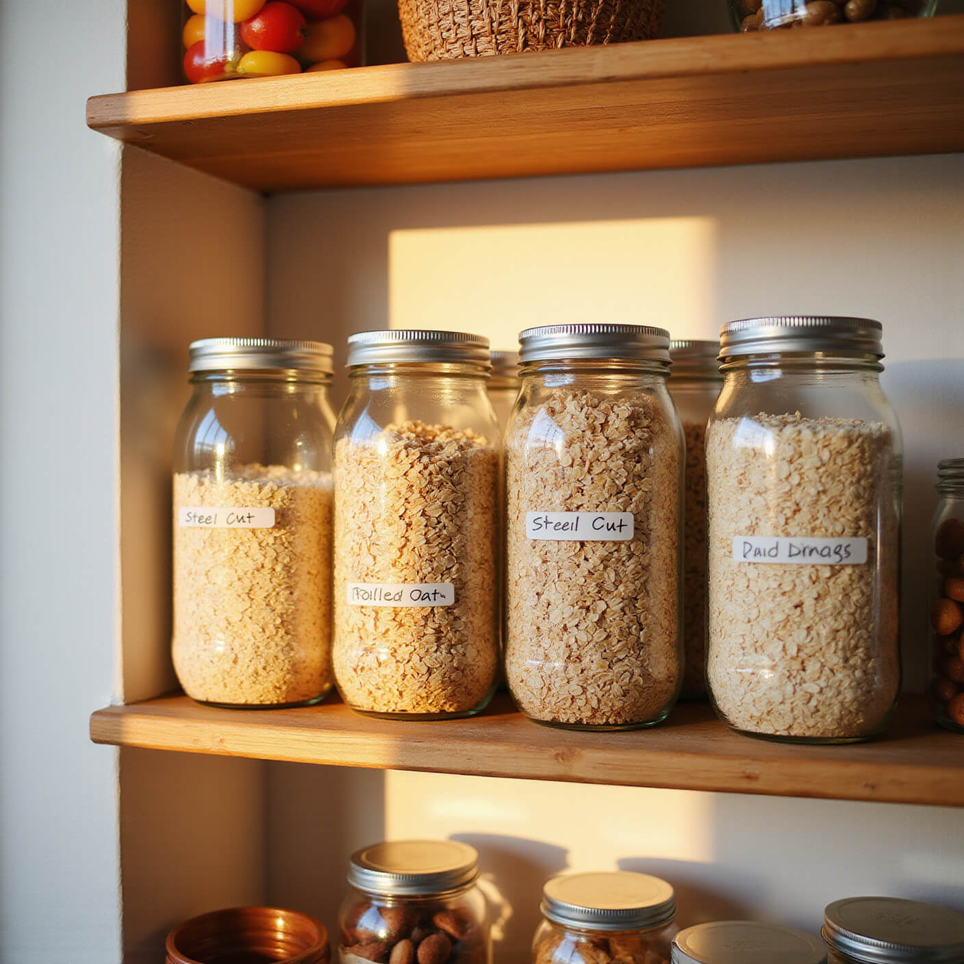 Clear glass jars filled with steel-cut, rolled, and quick oats organized on bamboo shelves, with dried fruits and nuts in smaller jars, bathed in warm golden-hour light.