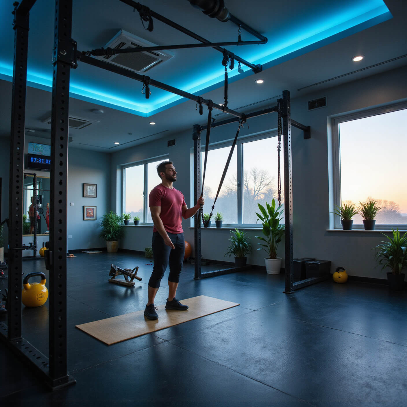 Contemporary home gym with LED lighting, early dawn light through frosted windows, organized equipment stations, smart mirror displaying workout metrics, and clean modern design with air-purifying plants.