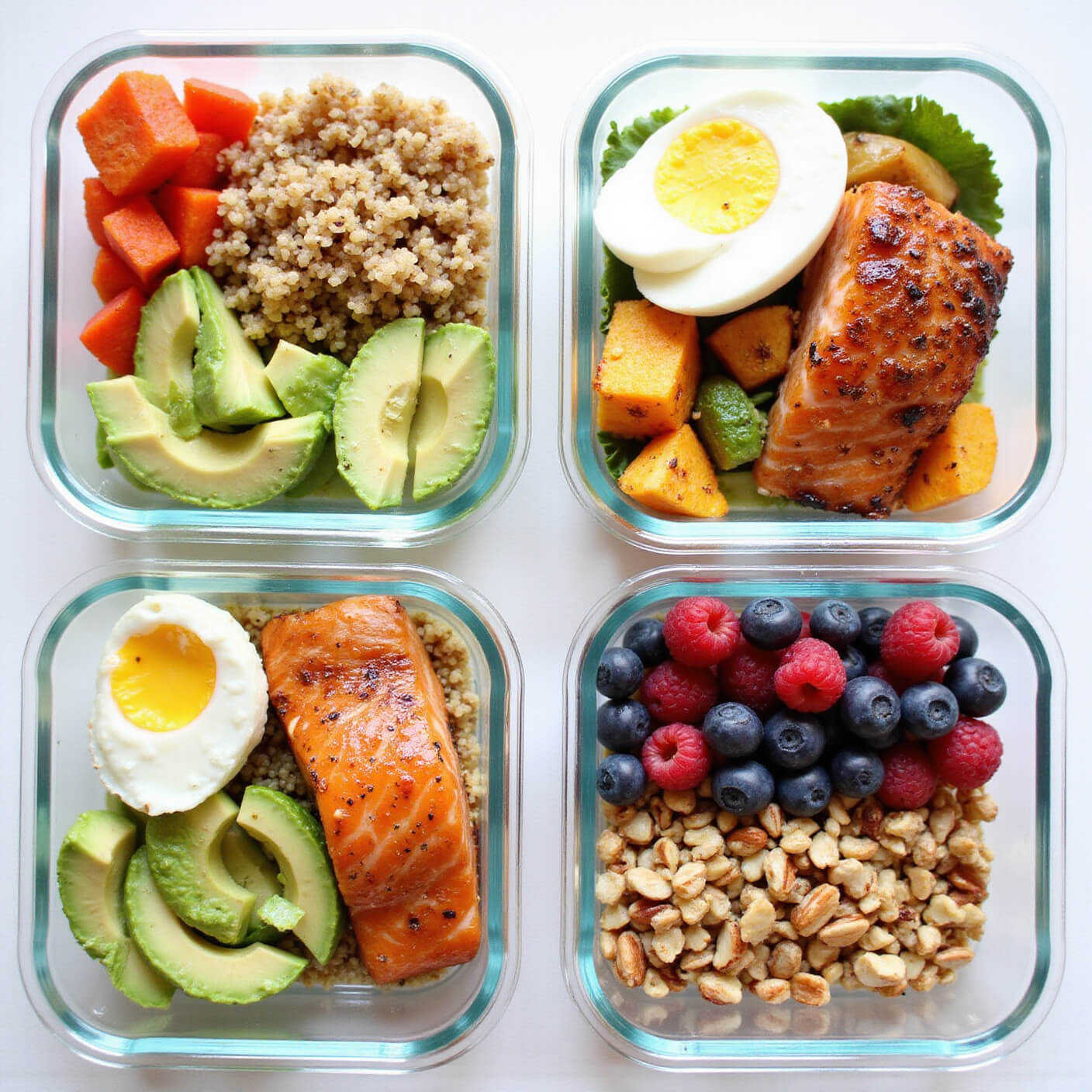 Overhead view of colorful meal prep containers on a white counter, featuring grilled salmon with quinoa and vegetables, avocado and egg bowls, and mixed berry and nut snack boxes.