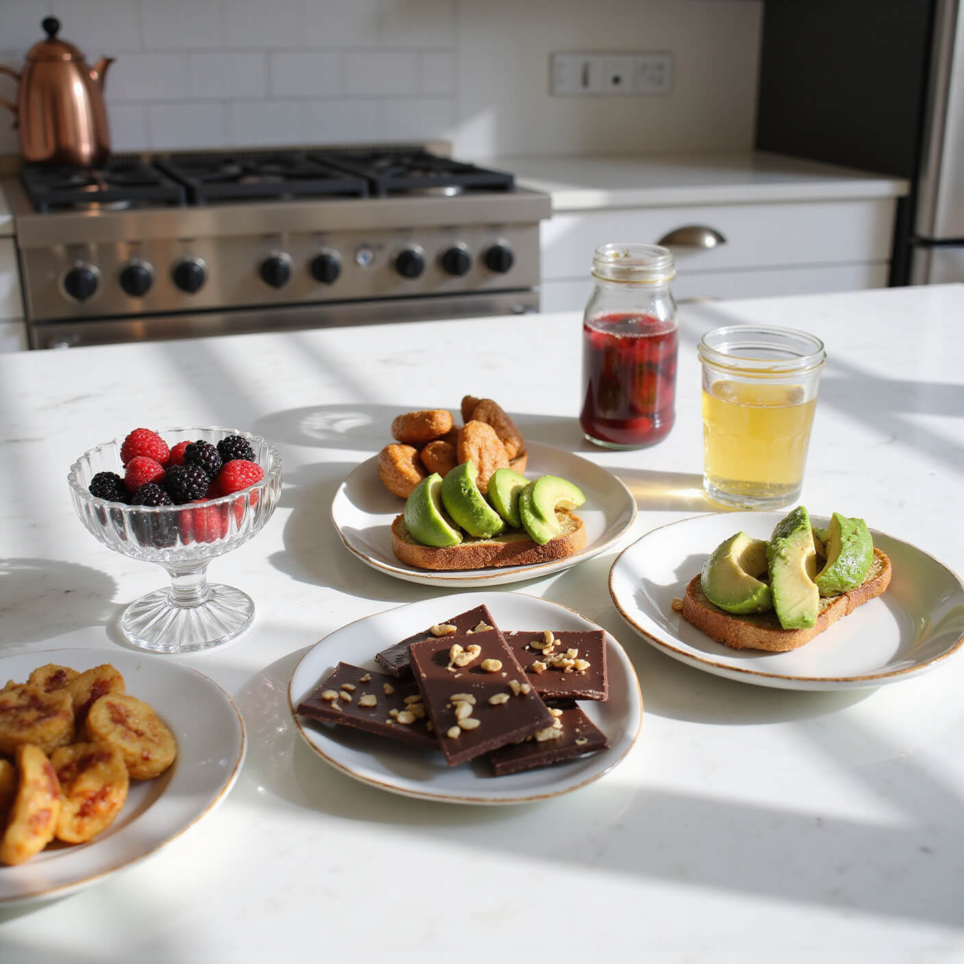 Late afternoon kitchen with marble island featuring dark chocolate bark with nuts, fresh berries, avocado toast, and infused water, accented by copper details and natural sunlight.