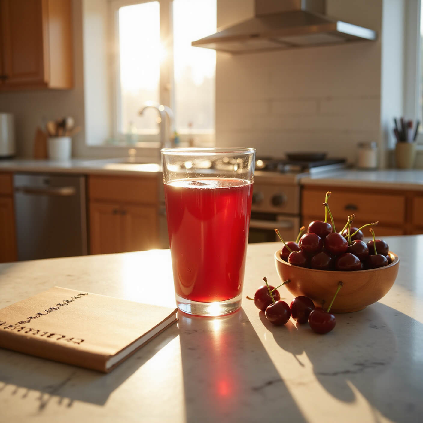 Glass of tart cherry juice on white marble countertop with journal, sleep tracker, and fresh cherries in sunlit kitchen with stainless steel appliances.