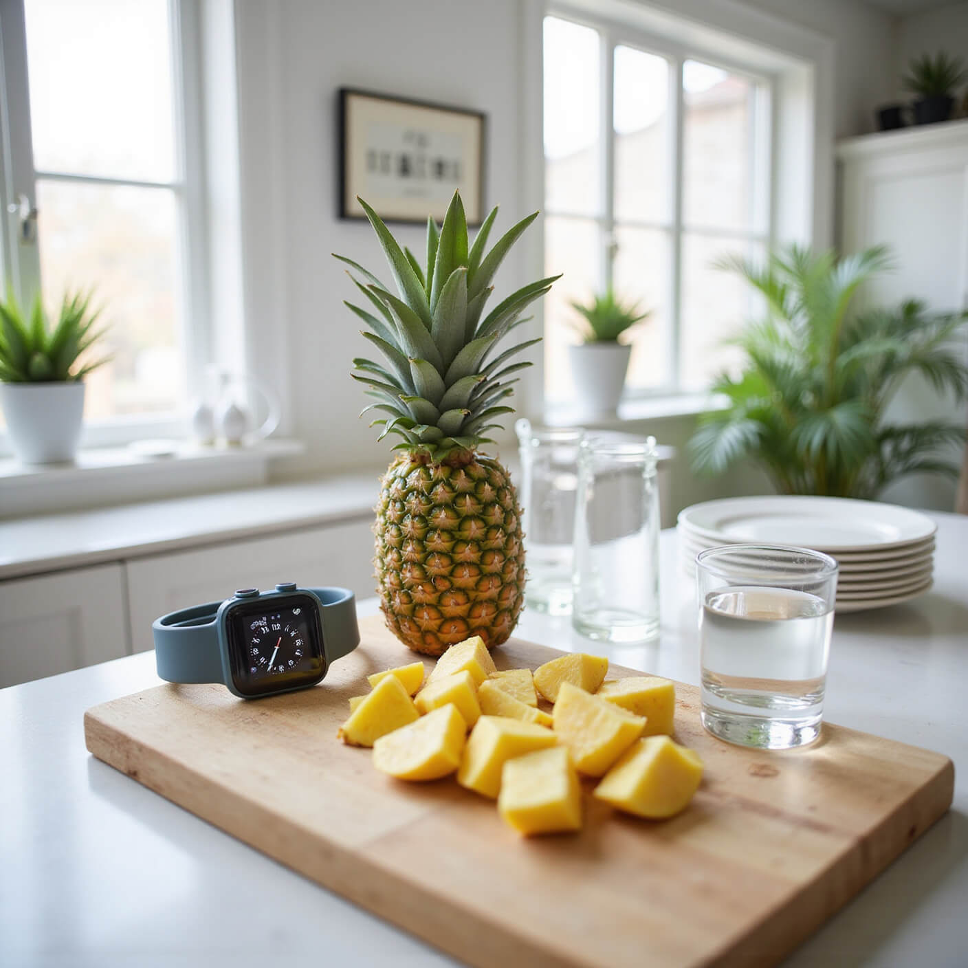 Bright kitchen with pineapple chunks on a cutting board, smartwatch, wellness journal, tropical plants, white plates, and glass of water under natural midday light.