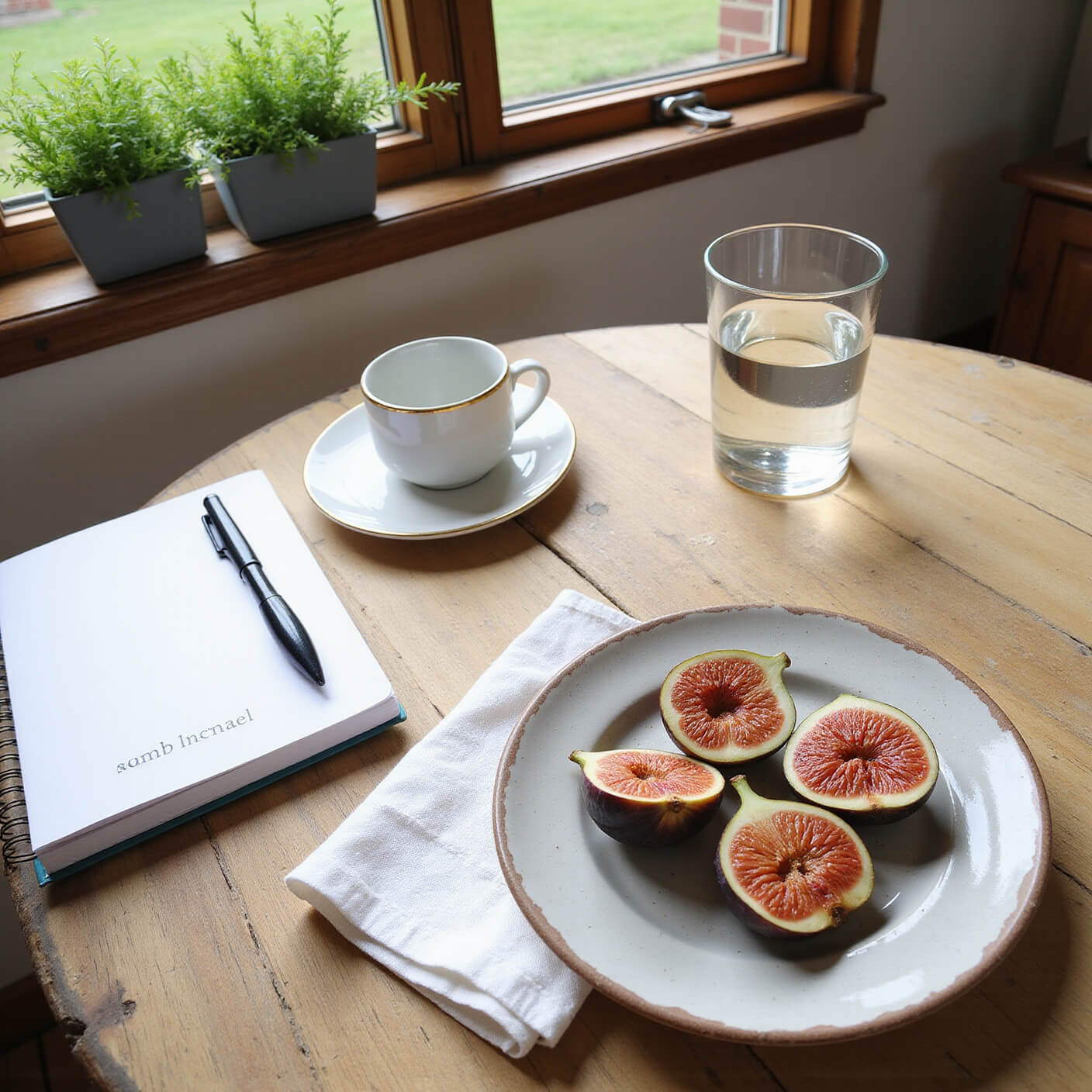 Rustic breakfast nook with a wooden table, fresh figs on a ceramic plate, white linen napkin, sleep-tracking journal, mineral water, and potted herbs on a sunlit windowsill.