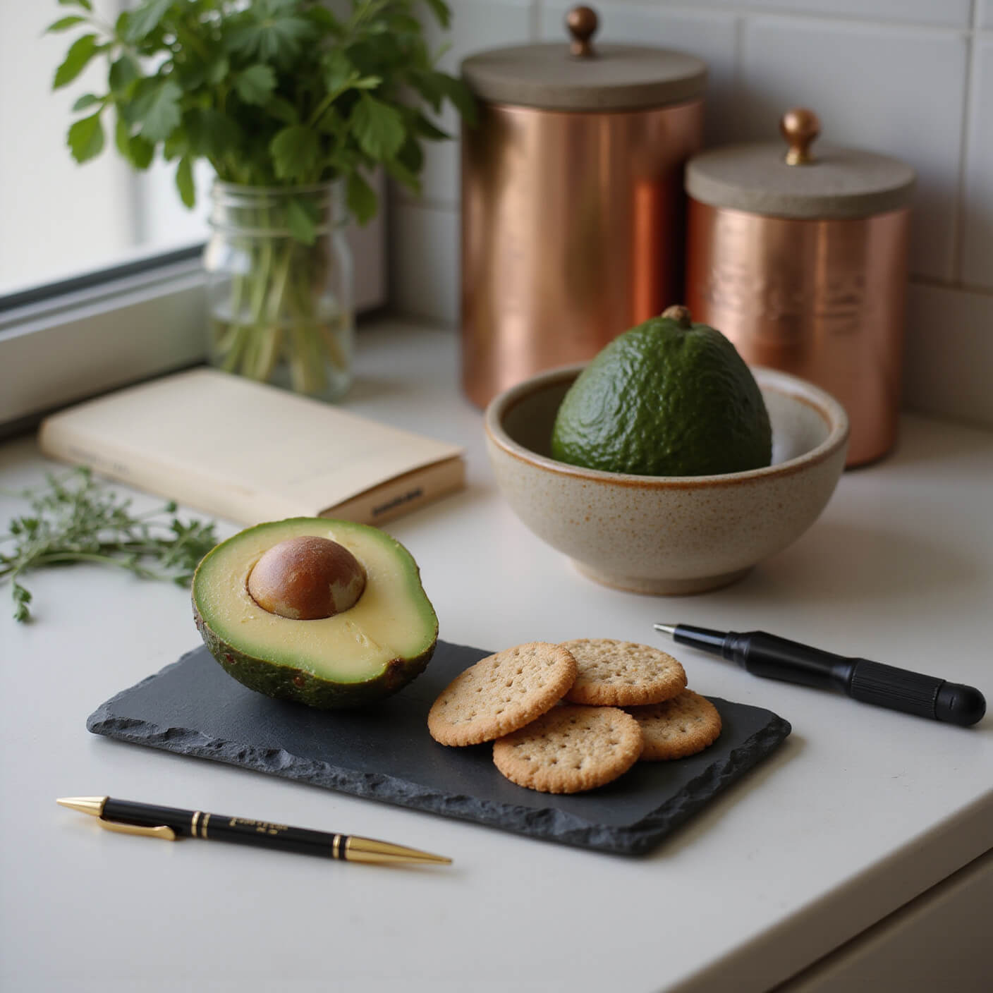 Half avocado in a ceramic bowl with crackers on a slate board, a sleep journal, and copper canisters in soft late afternoon kitchen light.