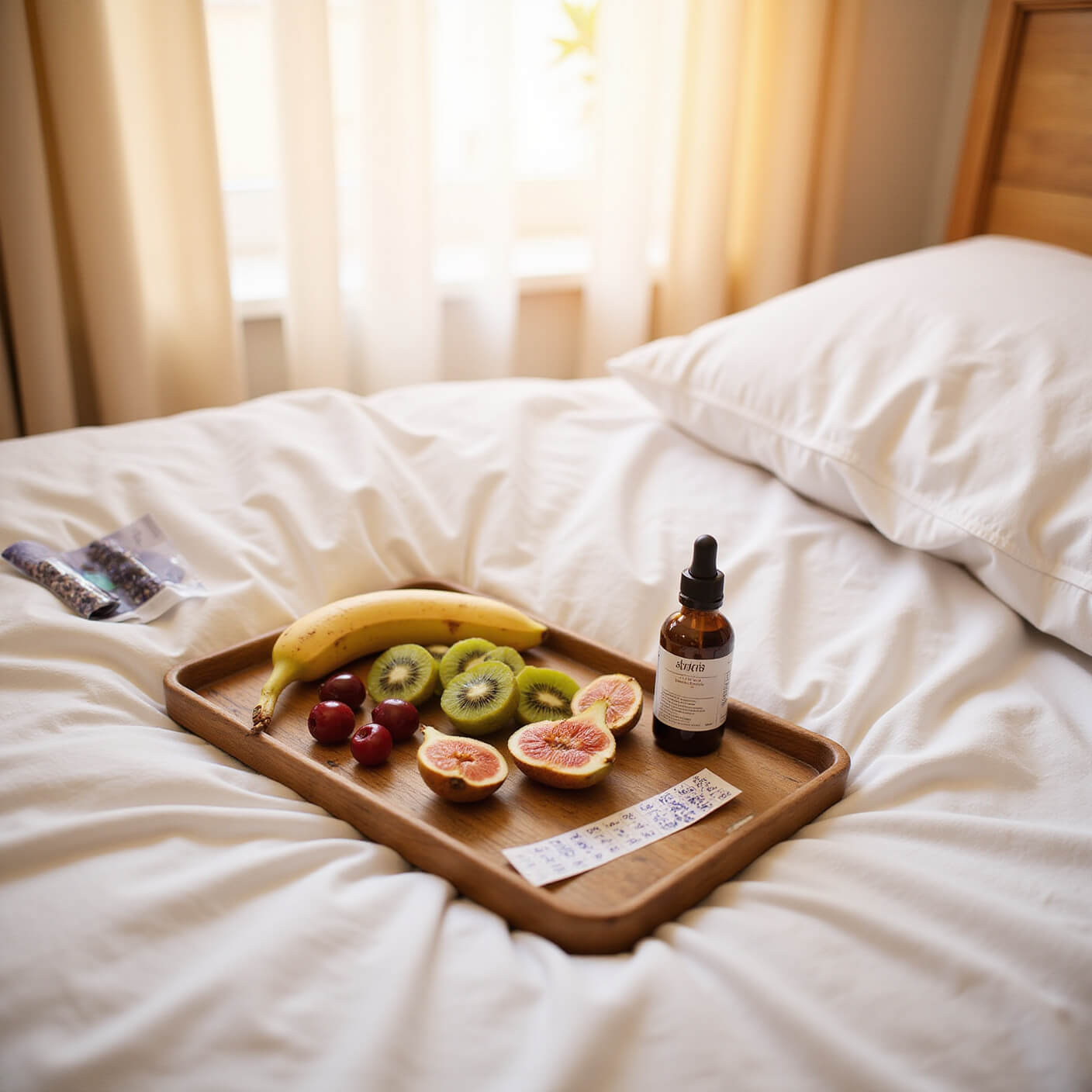 Tray with sliced kiwi, cherries, banana, and figs on white bedding, surrounded by a sleep tracker, gratitude journal, and lavender spray, lit by sunset through sheer curtains.