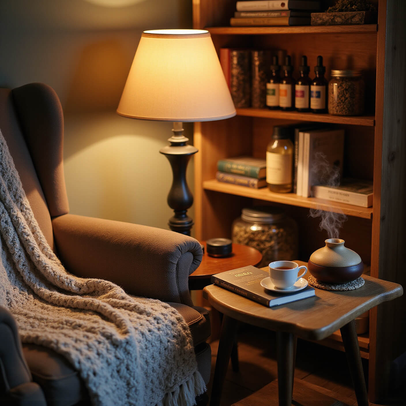 Cozy wellness corner with armchair, tea, herbal journal, essential oil diffuser, and shelves of tinctures and herbs under warm lamp light.