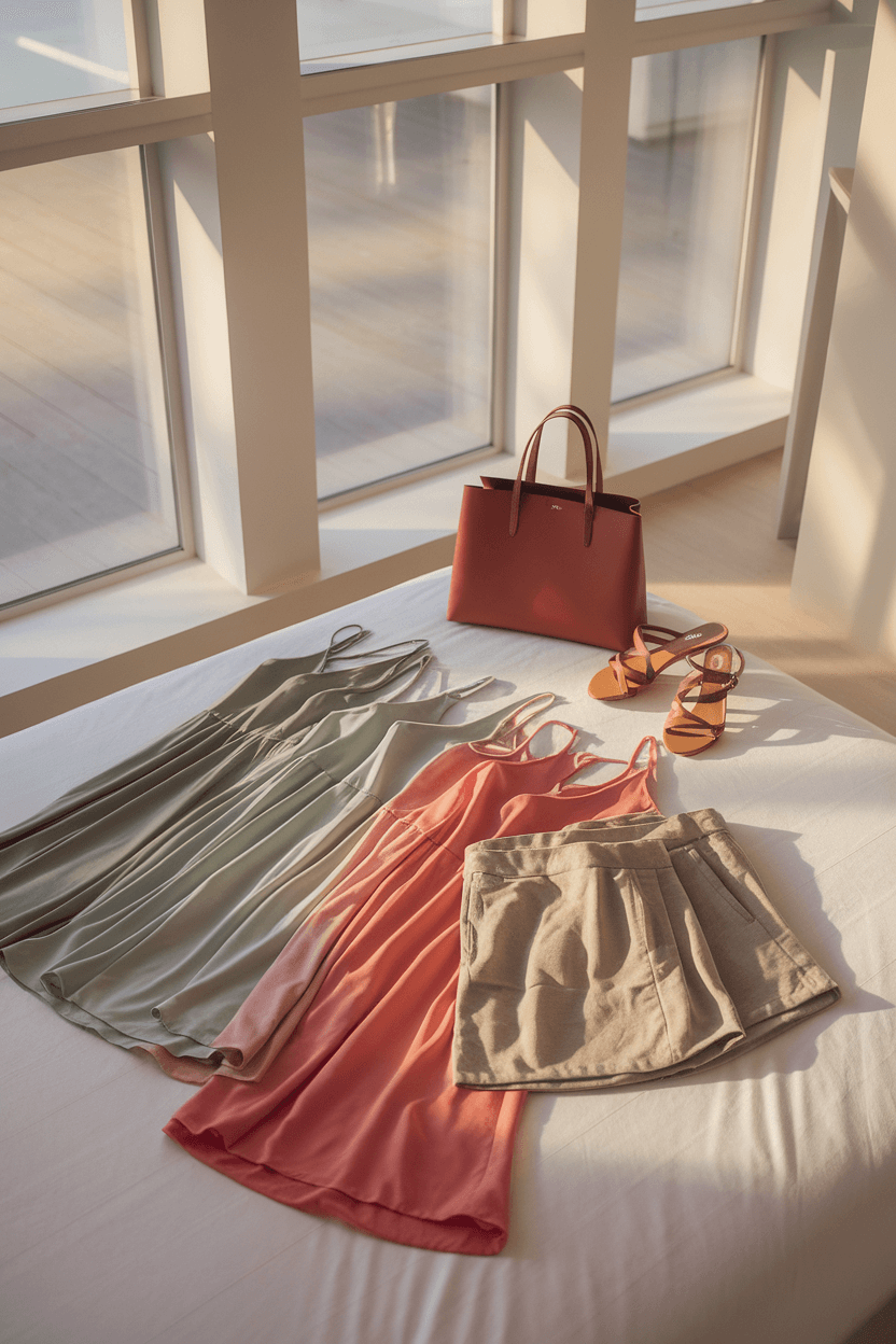 Fashion influencer organizing a summer capsule wardrobe on a white bed in a sunlit minimalist bedroom with flowing dresses, linen shorts, and accessories, captured in warm early morning light.