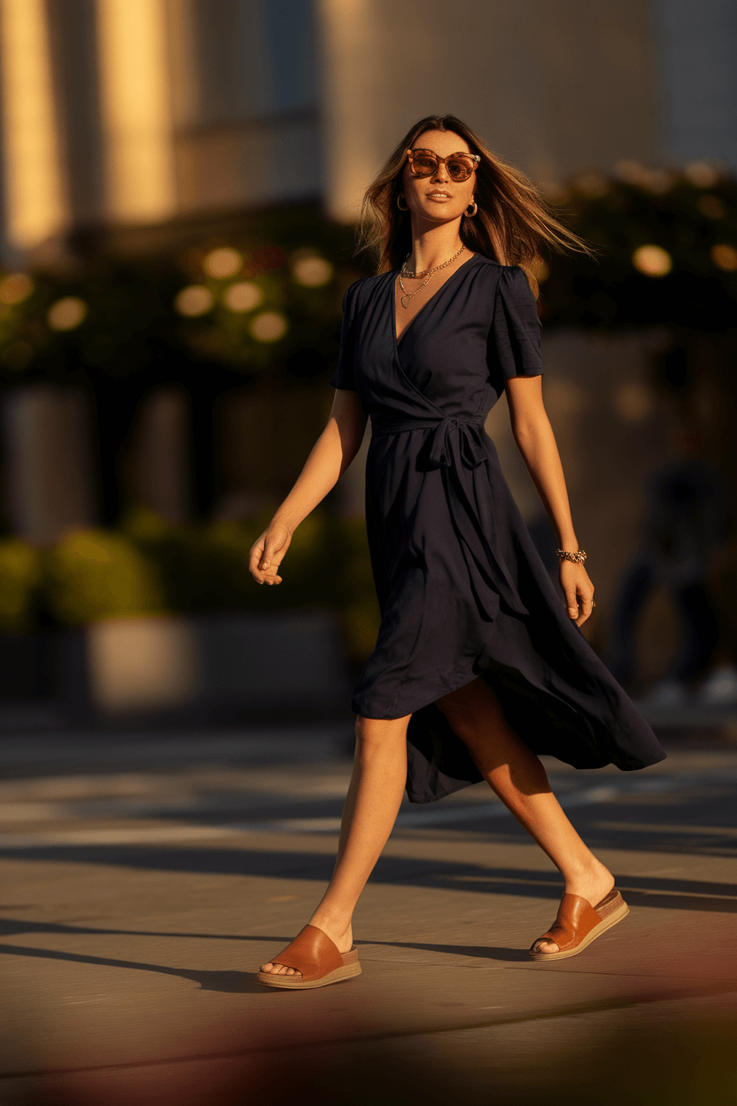 Confident woman mid-stride in a navy wrap dress and tortoiseshell sunglasses, illuminated by golden hour light on a trendy urban corner with blurred architecture and greenery in the background.