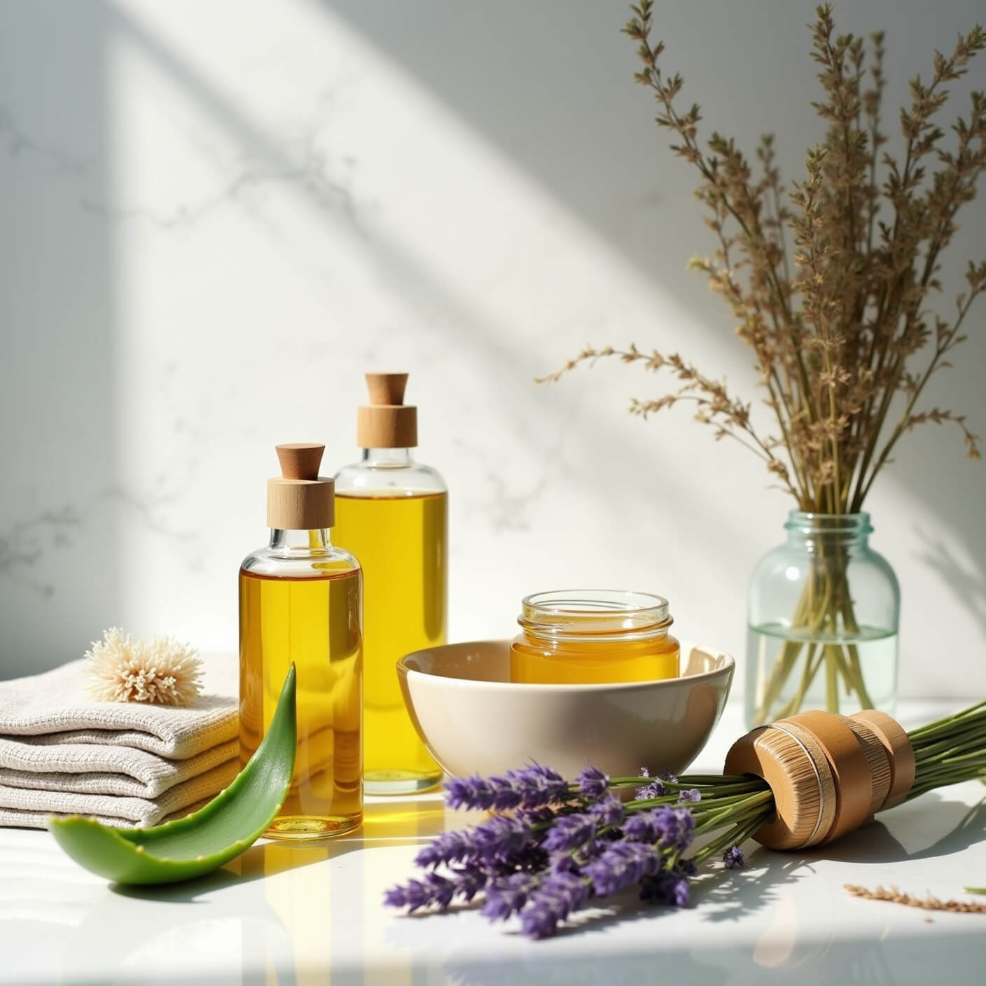 Modern minimalist bathroom counter with herbal skincare products, including glass bottles, aloe vera leaves, calendula salve, dried herbs, lavender stems, and natural accessories, captured from above in soft morning light.