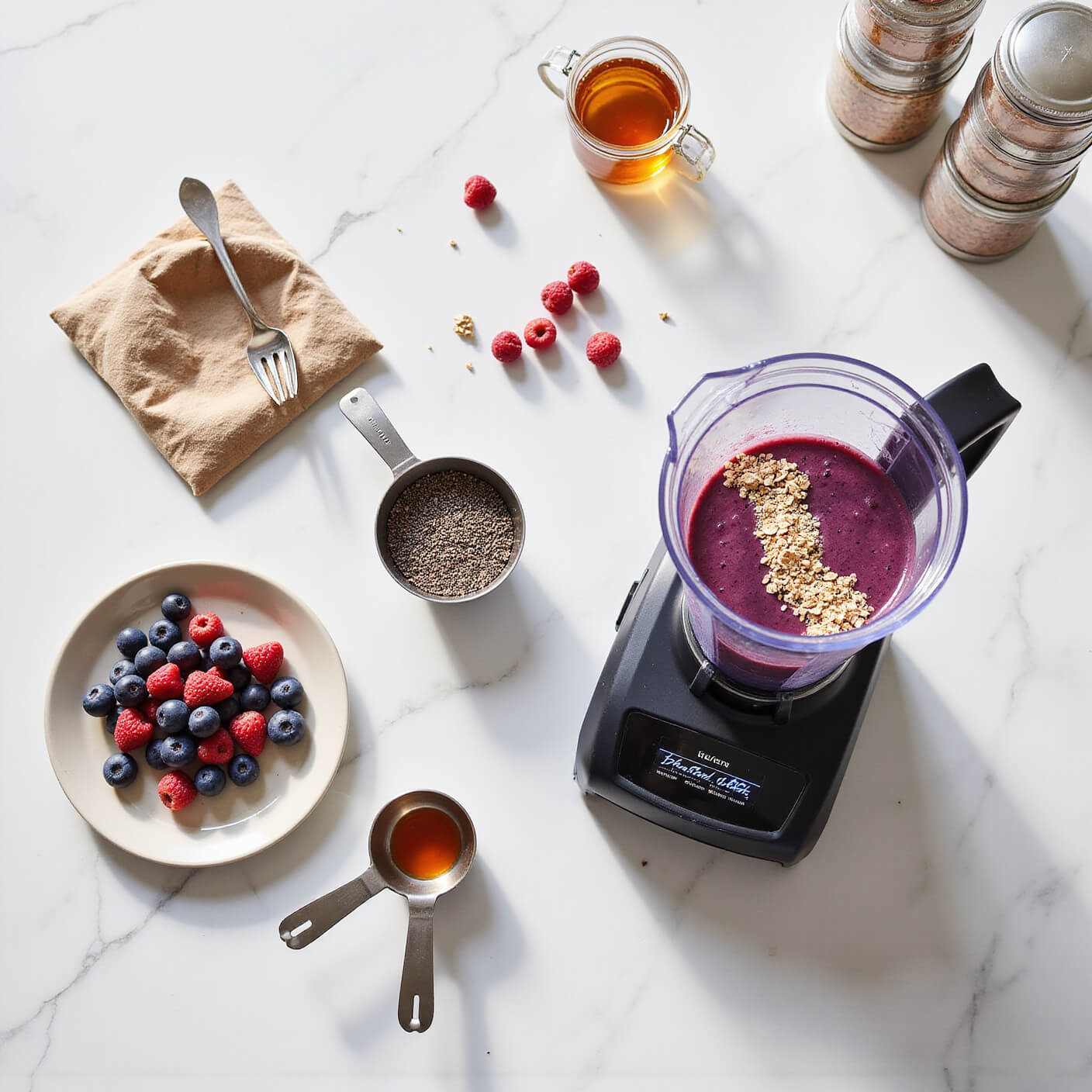 Flat lay of a modern kitchen smoothie station with a blender of purple smoothie, chia seeds, flaxseeds, fresh berries, honey jar, and mason jars on a white marble counter in bright natural light.