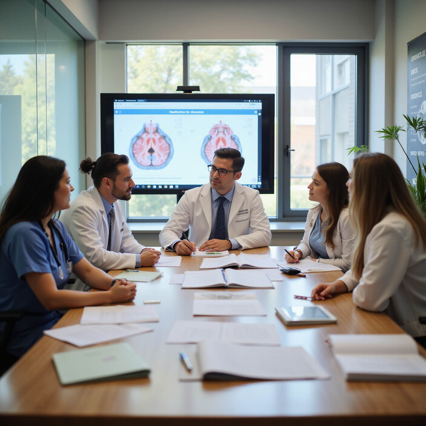Diverse healthcare providers collaborate in a sunlit conference room, reviewing patient cases with charts on smart boards and files on a large wooden table.